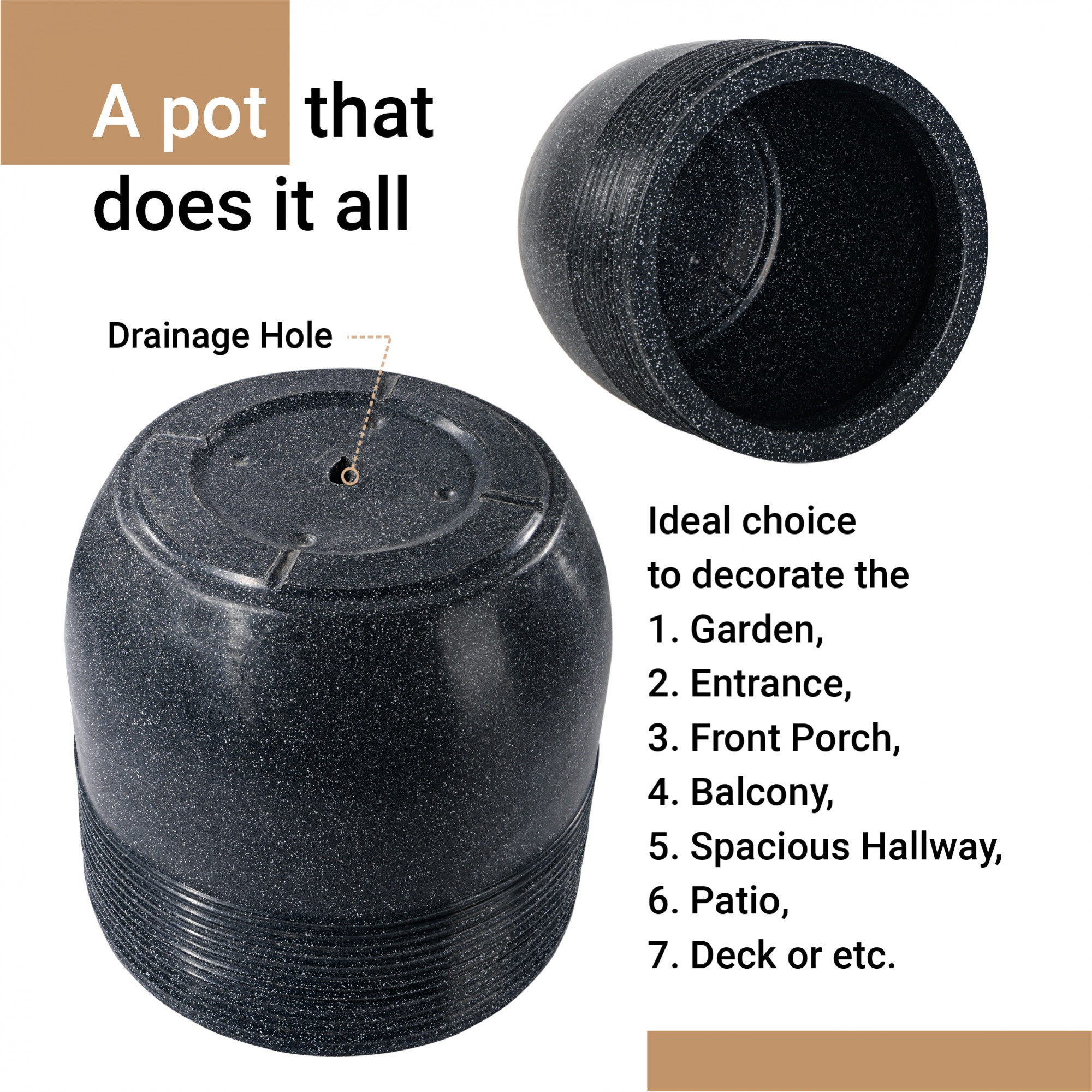 Kuber Industries 19-Inch Roto Mould German Polymer Extra Large Big Size Flower Pot  IndoorOutdoor Tree Gamla Planter for Living Room Resorts Hotels Terrace  Garden  Marble Sunshine - Black