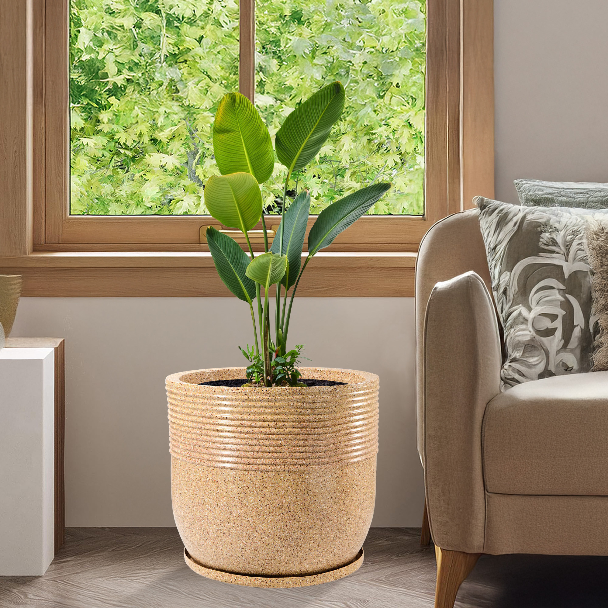 Kuber Industries 19-Inch Roto Mould German Polymer Extra Large Big Size Flower Pot  IndoorOutdoor Tree Gamla Planter for Living Room Resorts Hotels Terrace  Garden  Marble Sunshine - Sand