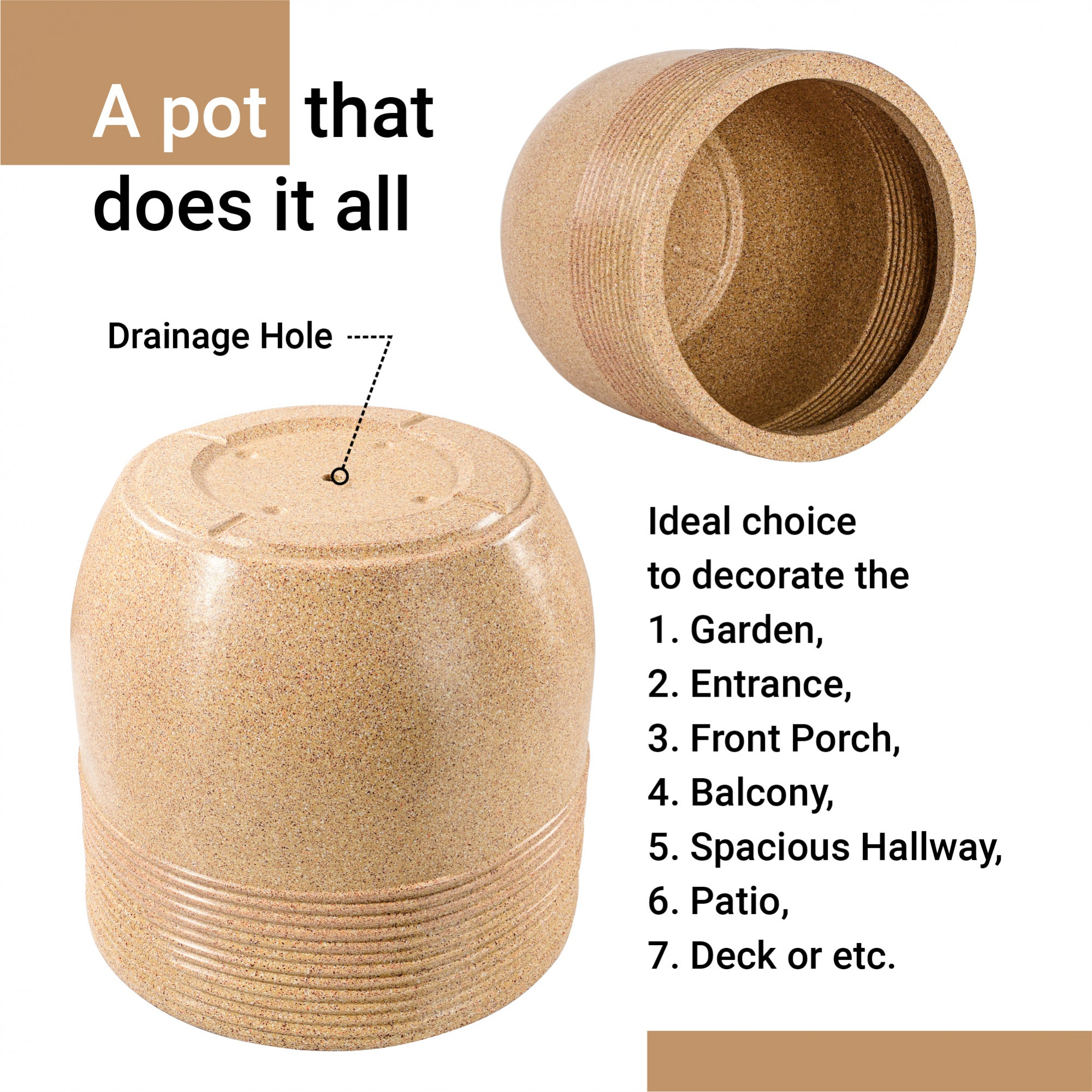 Kuber Industries 19-Inch Roto Mould German Polymer Extra Large Big Size Flower Pot  IndoorOutdoor Tree Gamla Planter for Living Room Resorts Hotels Terrace  Garden  Marble Sunshine - Sand