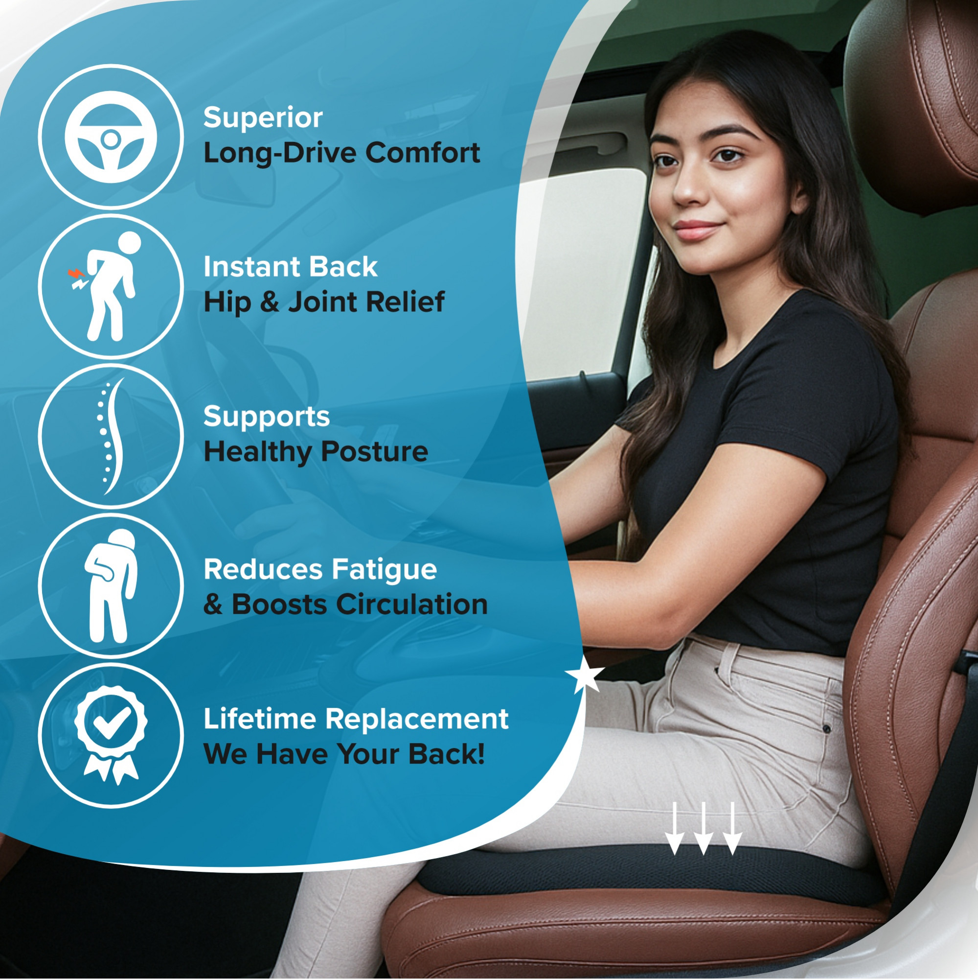 Kuber Industries 19x3x17 Inch Memory Foam Car Seat Cushions  Orthopedic Coccyx Cushion for Tailbone Pain Hip  Lower Back  Tail Bone Support Pillow for Office Chair Seat Long Hours Sitting  Black