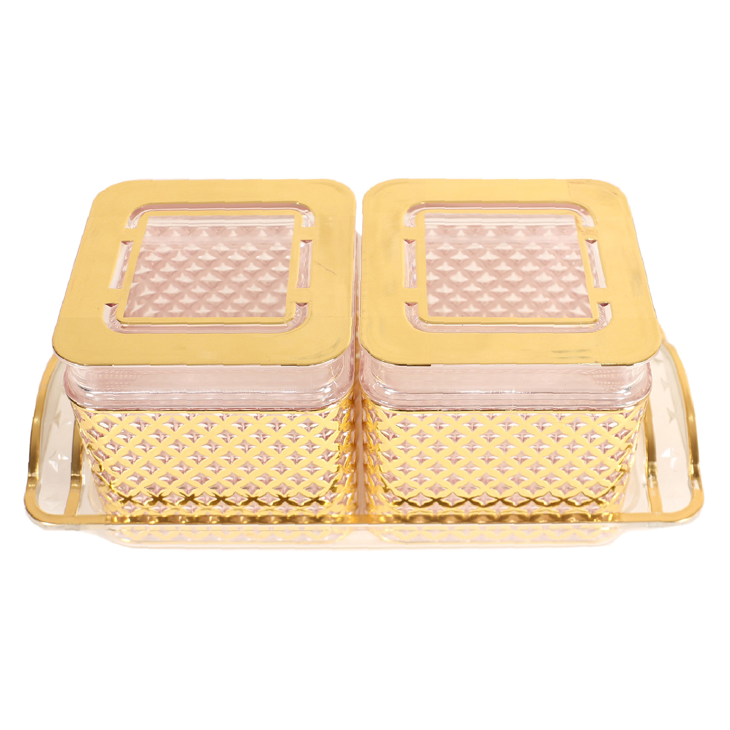 Kuber Industries 2 Containers & Tray Set|Unbreakable Gold Plated Plastic Snackers,Cookies,Nuts Serving Tray|Airtight Containers with Lid,400 ml (Gold)