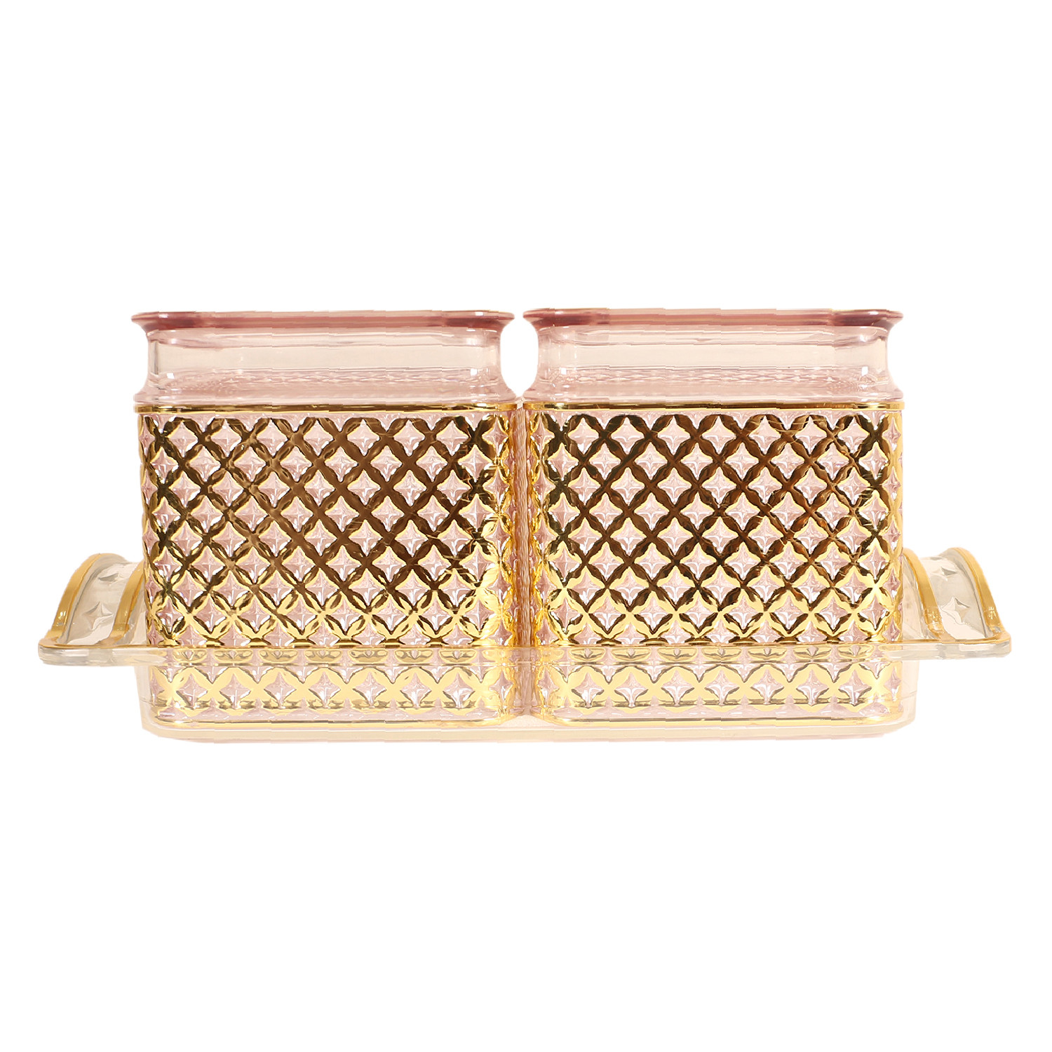 Kuber Industries 2 Containers & Tray Set|Unbreakable Gold Plated Plastic Snackers,Cookies,Nuts Serving Tray|Airtight Containers with Lid,400 ml (Gold)
