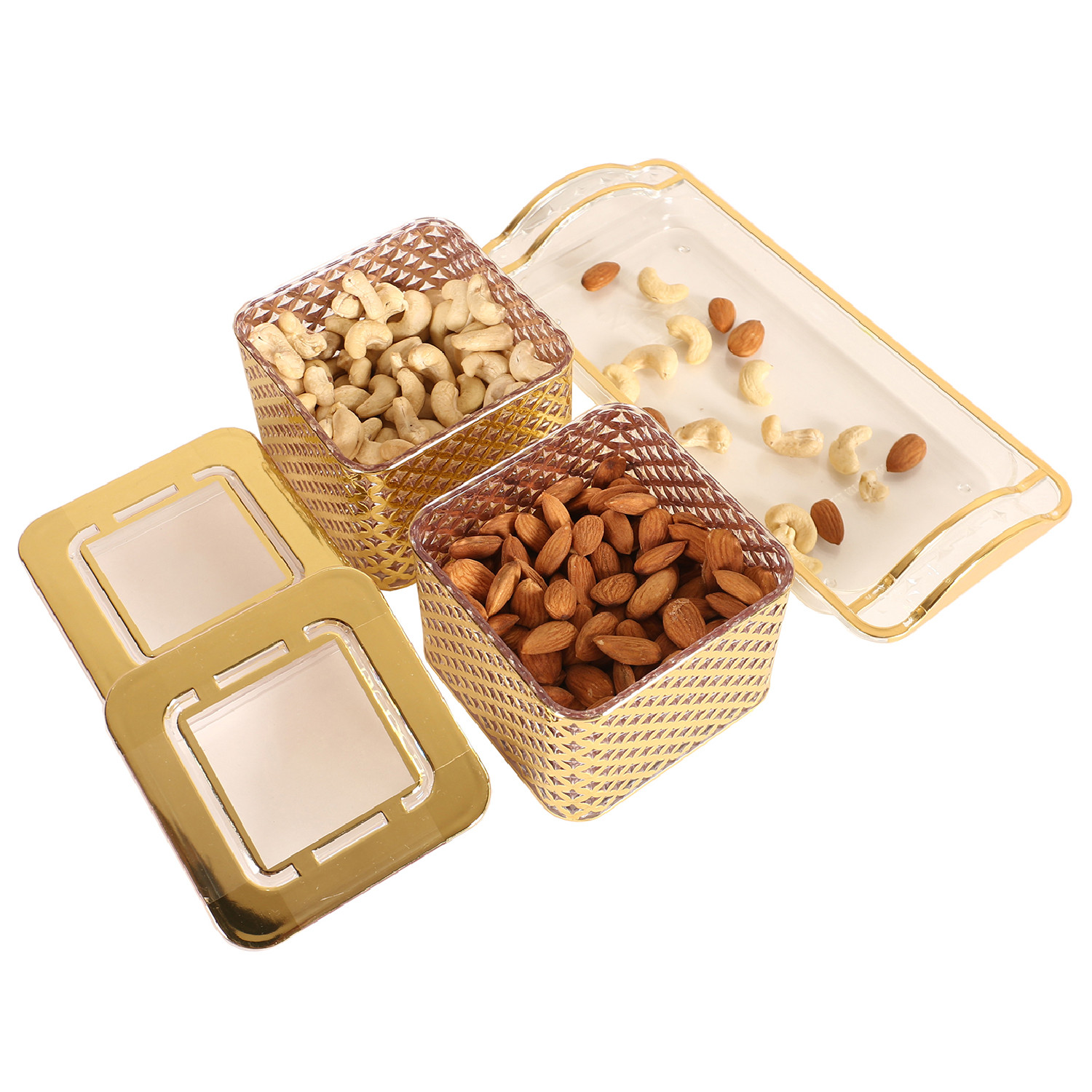 Kuber Industries 2 Containers & Tray Set|Unbreakable Gold Plated Plastic Snackers,Cookies,Nuts Serving Tray|Airtight Containers with Lid,400 ml (Gold)