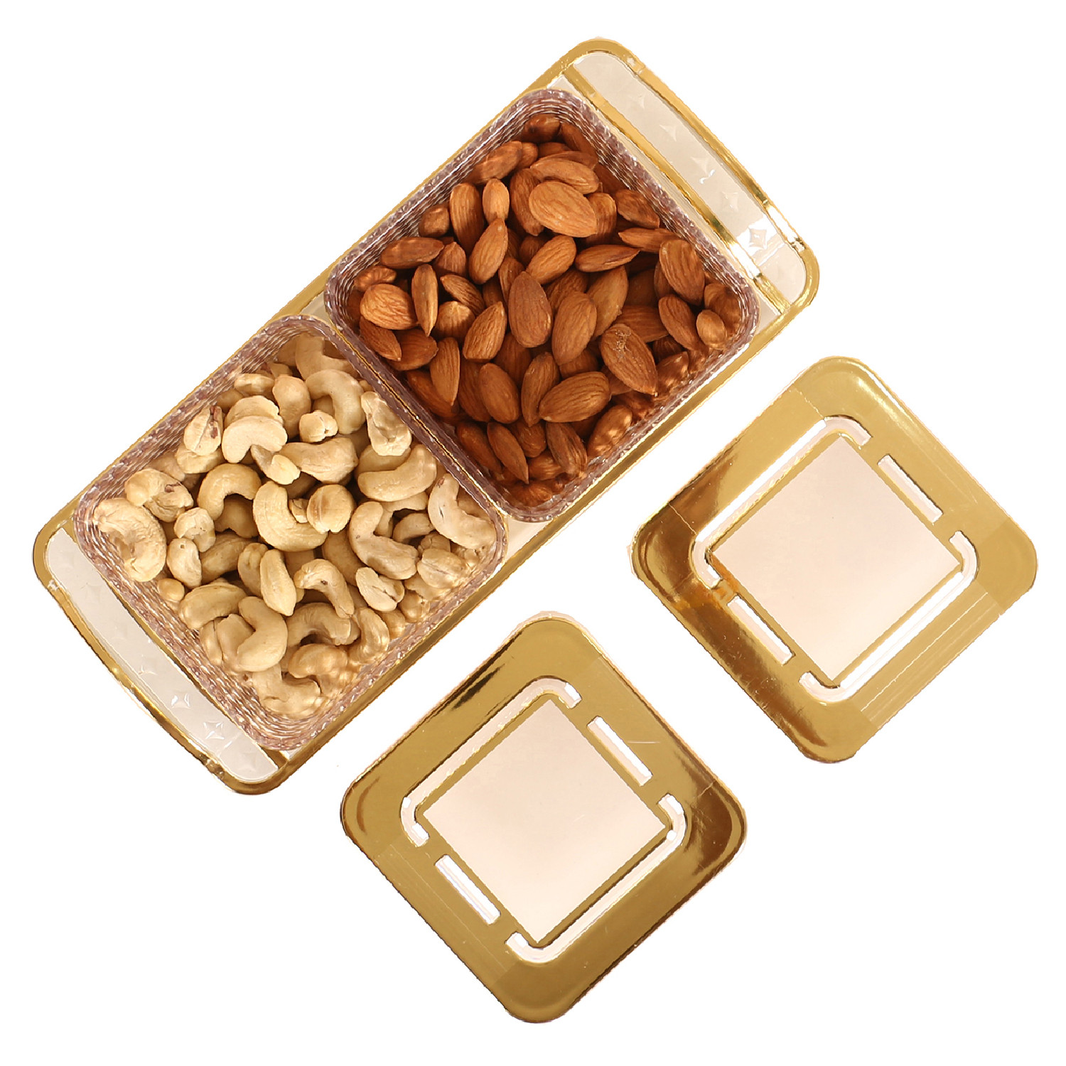 Kuber Industries 2 Containers & Tray Set|Unbreakable Gold Plated Plastic Snackers,Cookies,Nuts Serving Tray|Airtight Containers with Lid,400 ml (Gold)