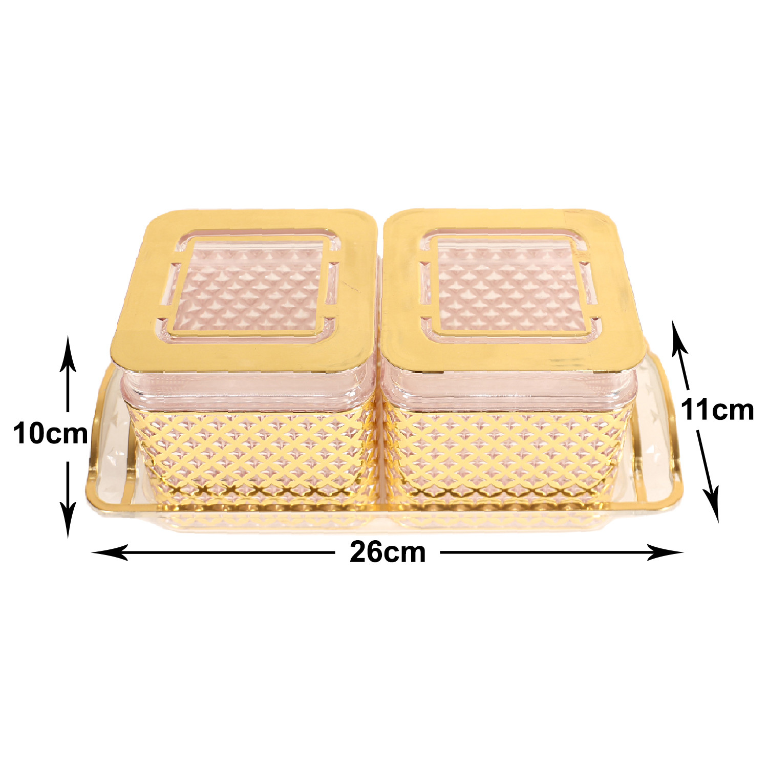 Kuber Industries 2 Containers & Tray Set|Unbreakable Gold Plated Plastic Snackers,Cookies,Nuts Serving Tray|Airtight Containers with Lid,400 ml (Gold)