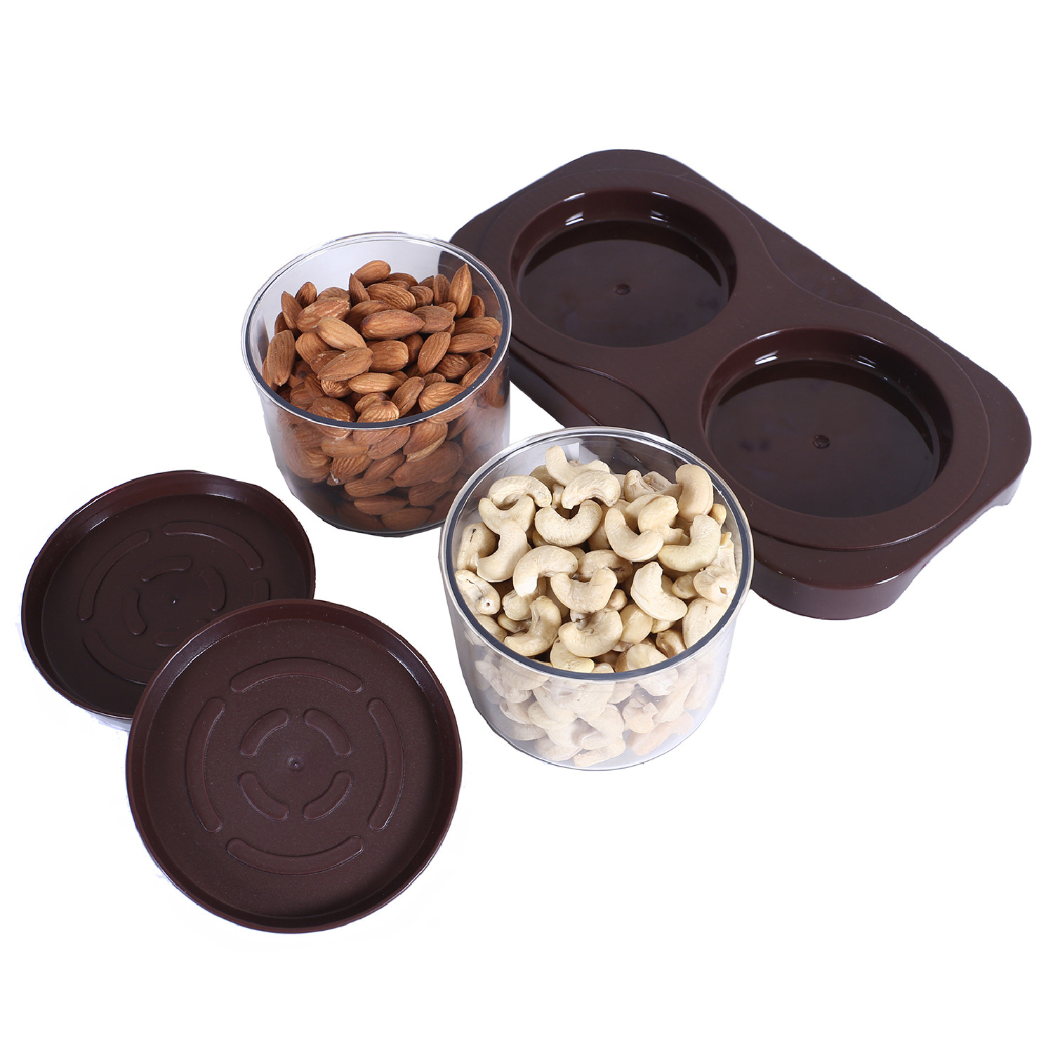 Kuber Industries 2 Containers & Tray Set|Unbreakable Plastic Snackers,Cookies,Nuts Serving Tray|Airtight Containers with Lid,350 ml (Brown)