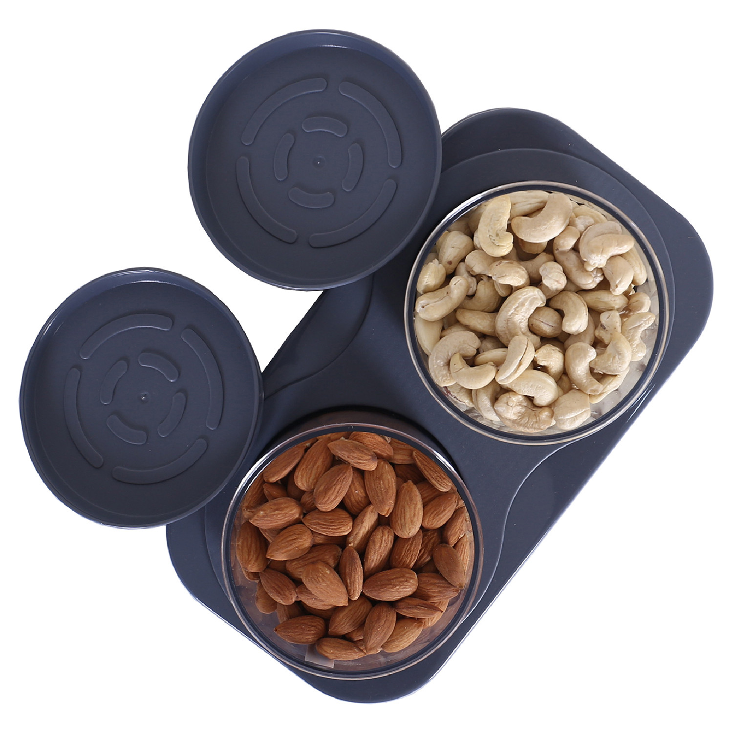 Kuber Industries 2 Containers & Tray Set|Unbreakable Plastic Snackers,Cookies,Nuts Serving Tray|Airtight Containers with Lid,350 ml (Gray)
