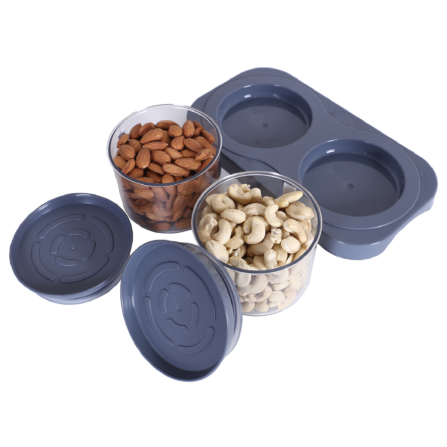 Kuber Industries 2 Containers & Tray Set|Unbreakable Plastic Snackers,Cookies,Nuts Serving Tray|Airtight Containers with Lid,350 ml (Gray)