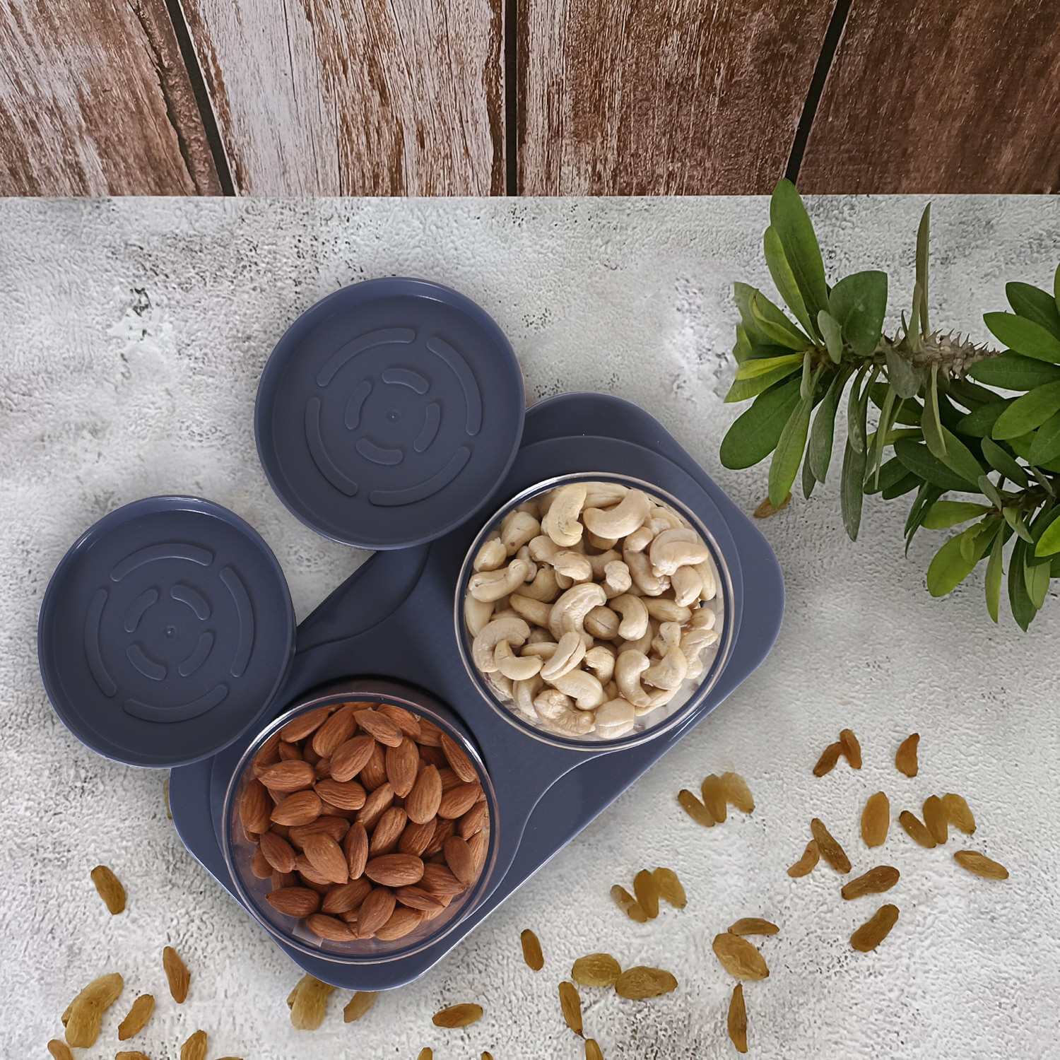Kuber Industries 2 Containers & Tray Set|Unbreakable Plastic Snackers,Cookies,Nuts Serving Tray|Airtight Containers with Lid,350 ml (Gray)