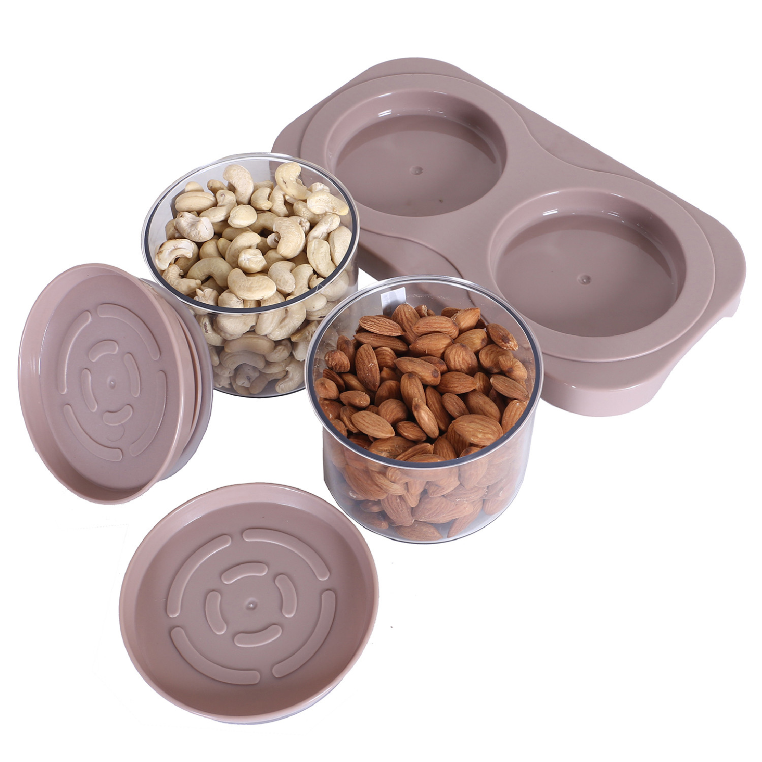 Kuber Industries 2 Containers & Tray Set|Unbreakable Plastic Snackers,Cookies,Nuts Serving Tray|Airtight Containers with Lid,350 ml (Peach)