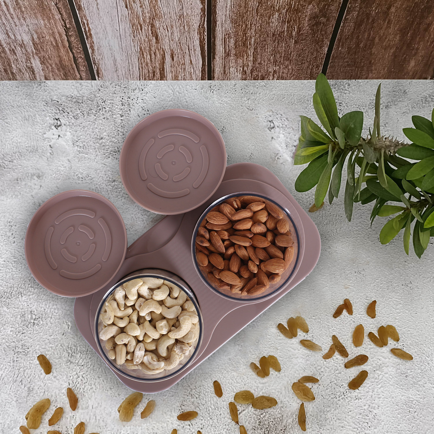 Kuber Industries 2 Containers & Tray Set|Unbreakable Plastic Snackers,Cookies,Nuts Serving Tray|Airtight Containers with Lid,350 ml (Peach)