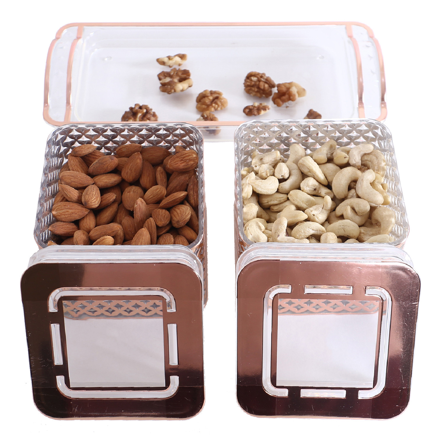 Kuber Industries 2 Containers & Tray Set|Unbreakable Plastic Snackers,Cookies,Nuts Serving Tray|Airtight Containers with Lid,400 ml (Peach)
