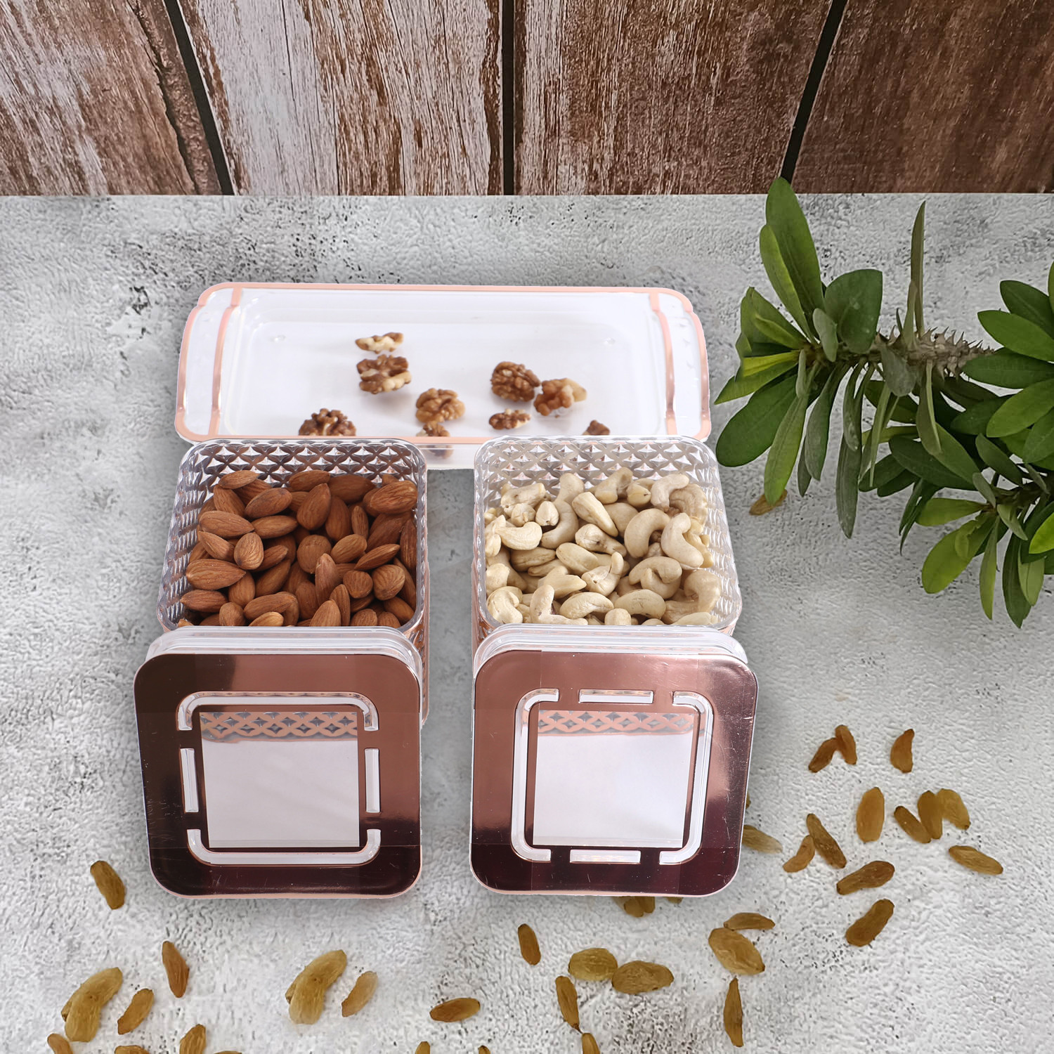 Kuber Industries 2 Containers & Tray Set|Unbreakable Plastic Snackers,Cookies,Nuts Serving Tray|Airtight Containers with Lid,400 ml (Peach)