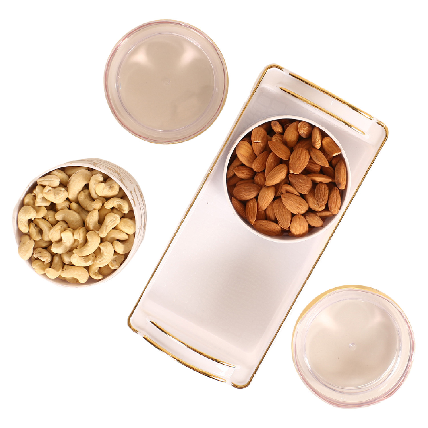 Kuber Industries 2 Containers & Tray Set|Unbreakable Plastic Snackers,Cookies,Nuts Serving Tray|Airtight Containers with Lid,350 ml (White)