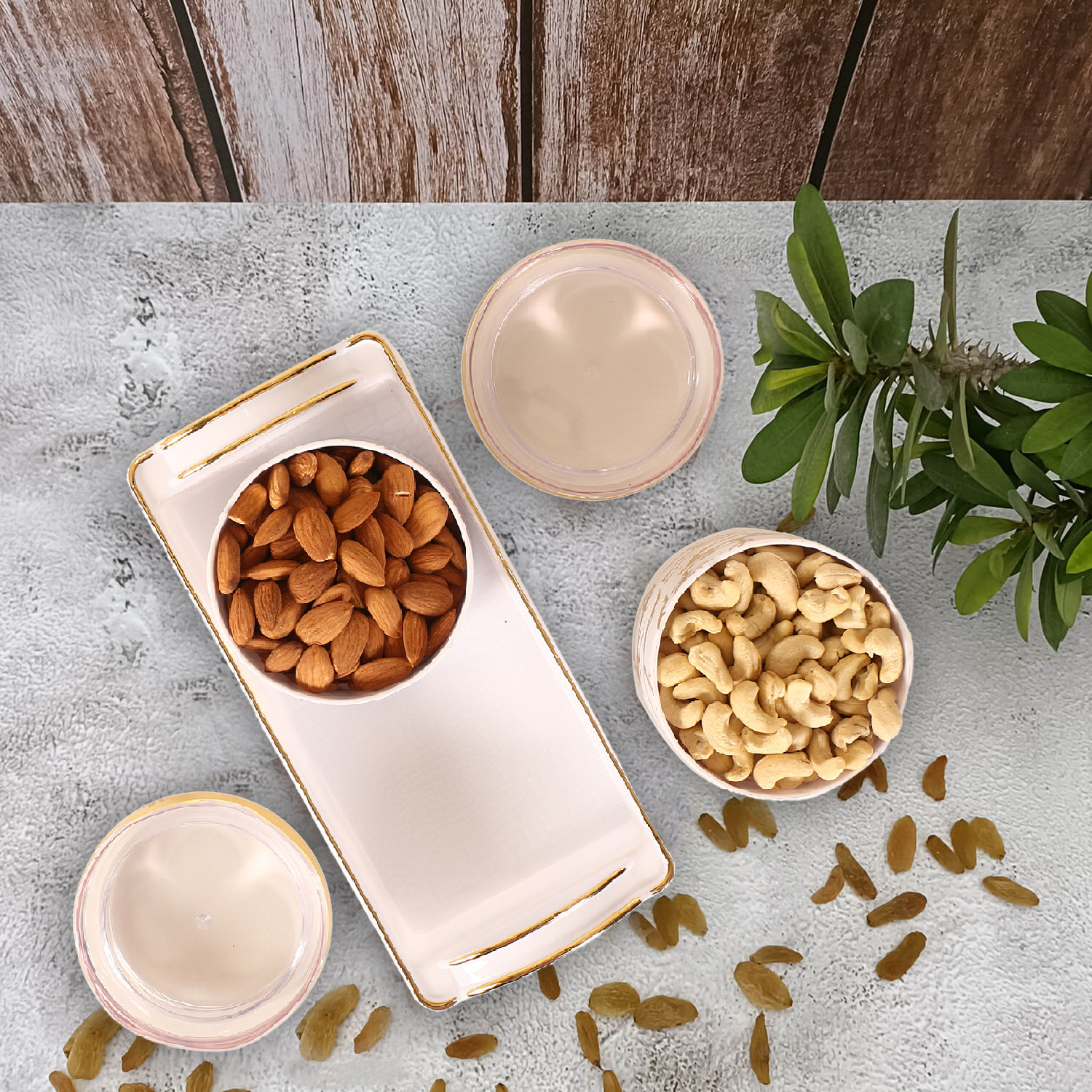 Kuber Industries 2 Containers & Tray Set|Unbreakable Plastic Snackers,Cookies,Nuts Serving Tray|Airtight Containers with Lid,350 ml (White)