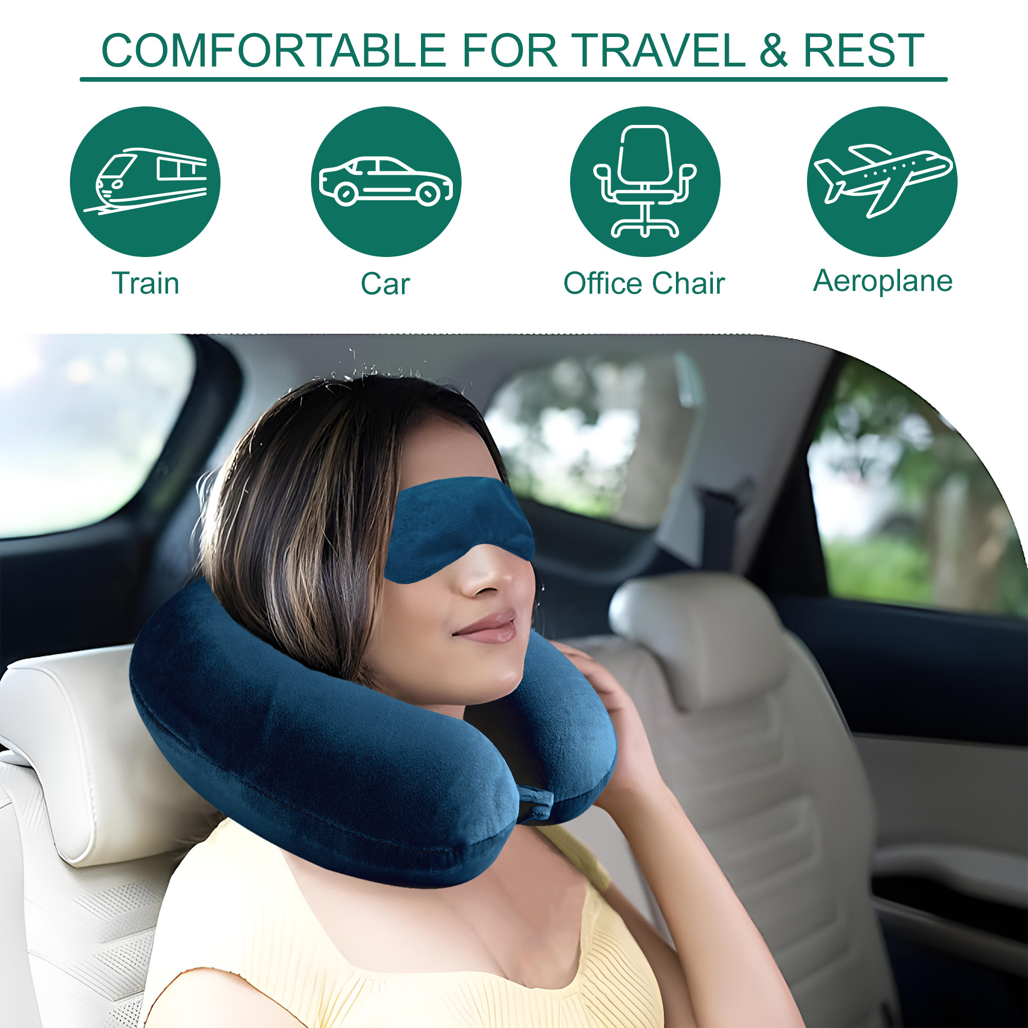 Kuber Industries 2 in 1 Combo Microfiber Travel Neck Pillow for Men  Women with Eye Mask  U-Shaped Neckrest for Travelling  Neck Pillow for Flight Travel Car  Train  Navy Blue