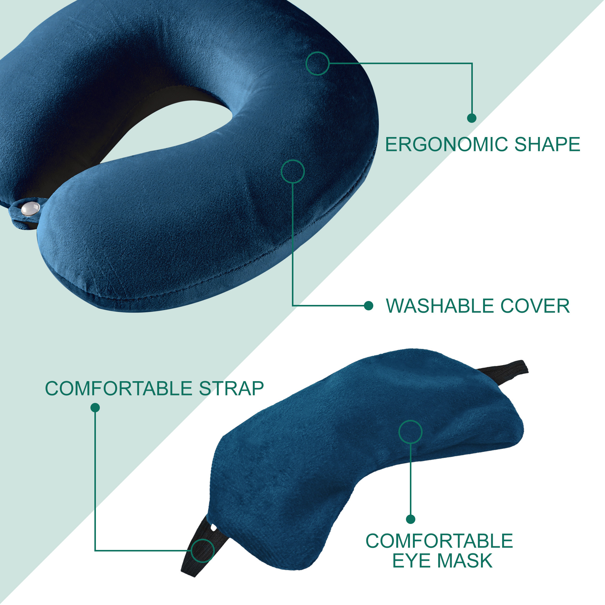 Kuber Industries 2 in 1 Combo Microfiber Travel Neck Pillow for Men  Women with Eye Mask  U-Shaped Neckrest for Travelling  Neck Pillow for Flight Travel Car  Train  Navy Blue