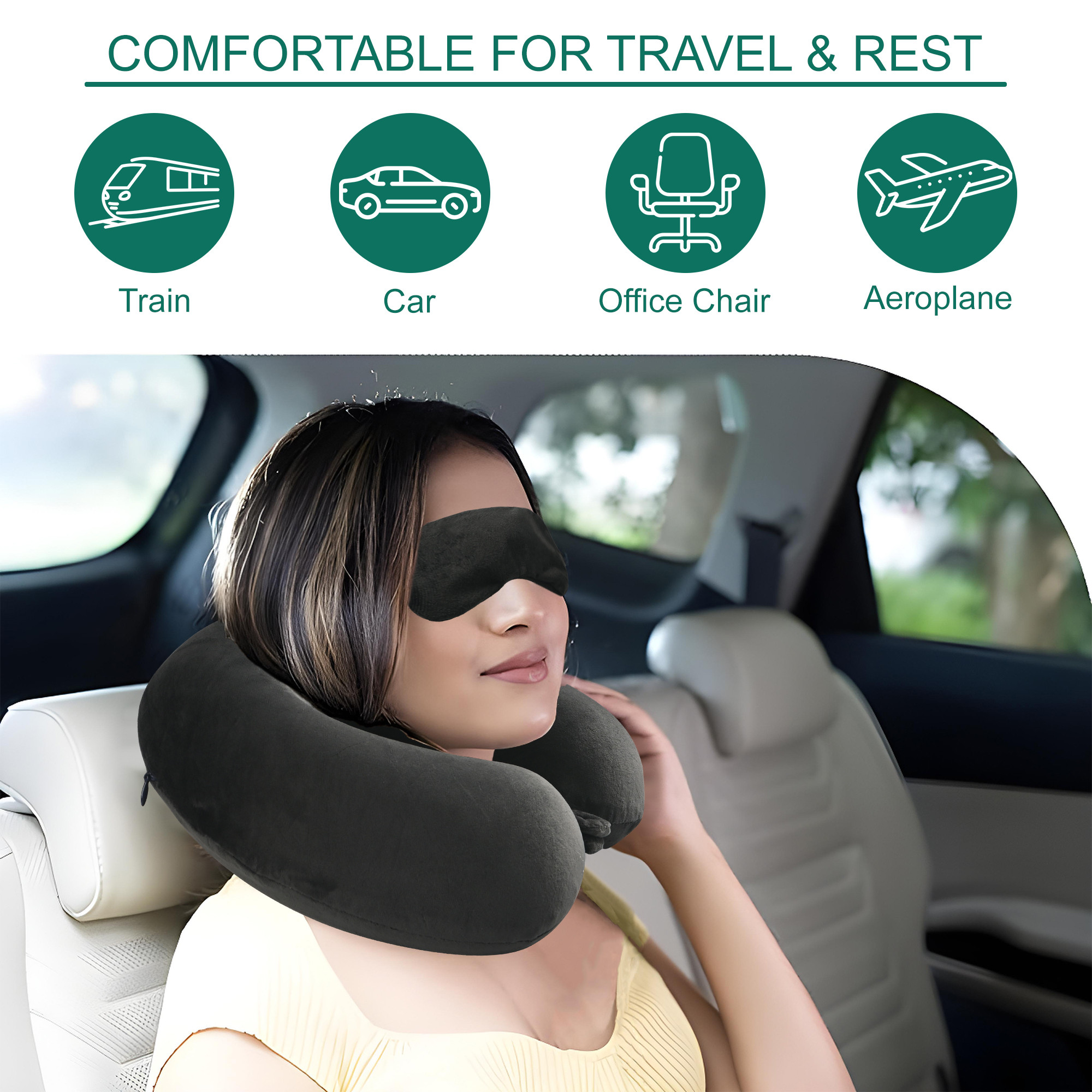 Kuber Industries 2 in 1 Combo Microfiber Travel Neck Pillow for Men  Women with Eye Mask  U-Shaped Neckrest for Travelling  Neck Pillow for Flight Travel Car  Train  Black