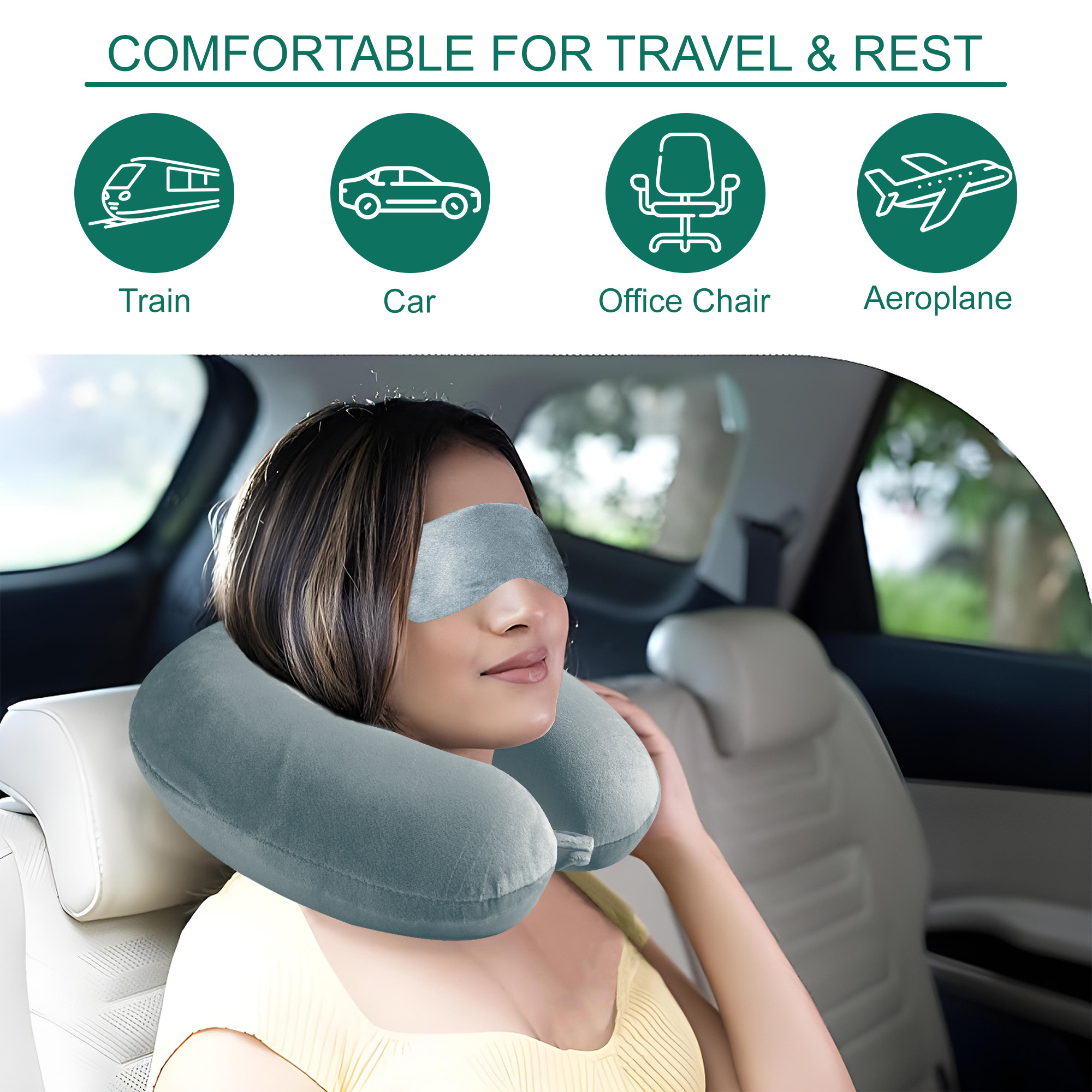 Kuber Industries 2 in 1 Combo Microfiber Travel Neck Pillow for Men  Women with Eye Mask  U-Shaped Neckrest for Travelling  Neck Pillow for Flight Travel Car  Train  Grey