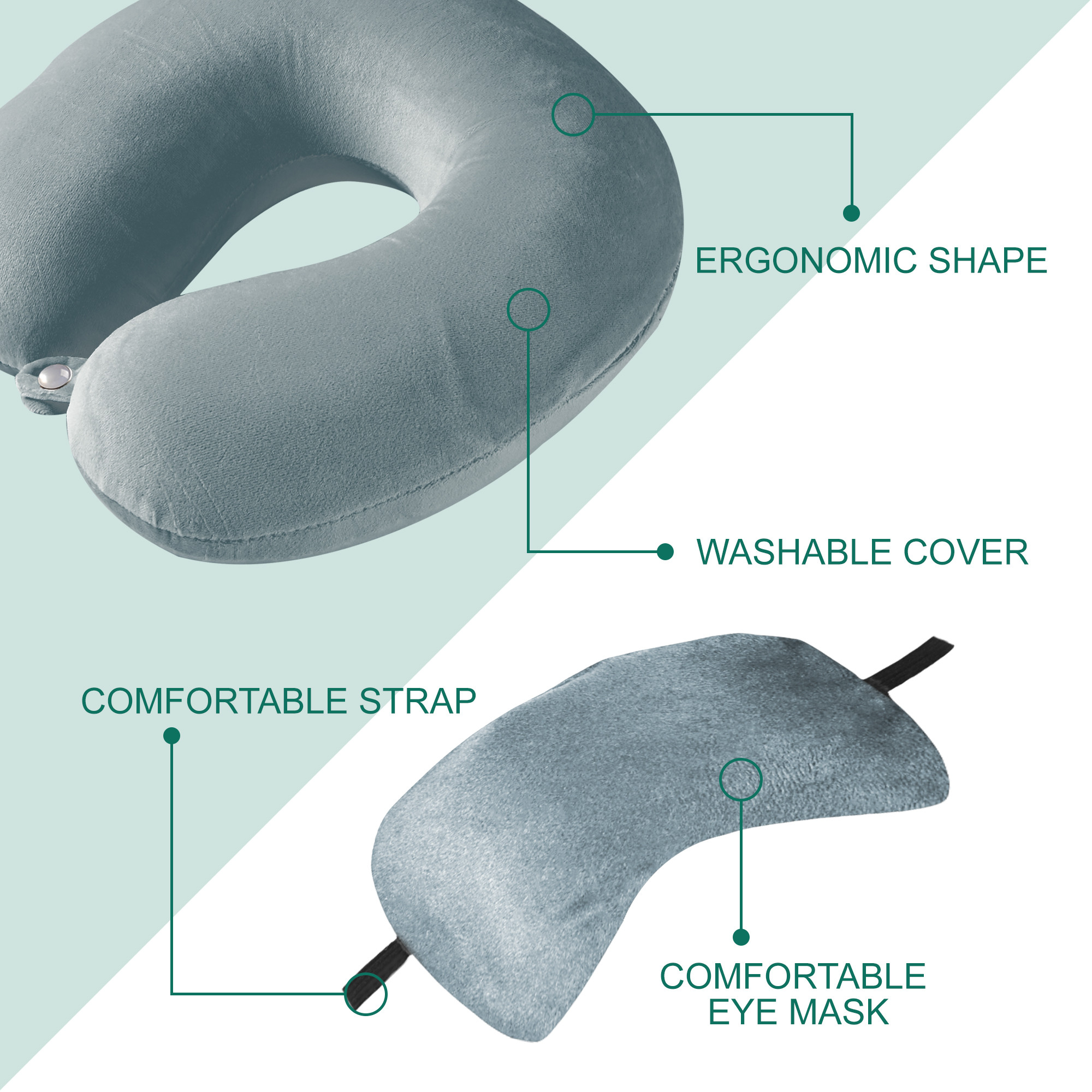 Kuber Industries 2 in 1 Combo Microfiber Travel Neck Pillow for Men  Women with Eye Mask  U-Shaped Neckrest for Travelling  Neck Pillow for Flight Travel Car  Train  Grey