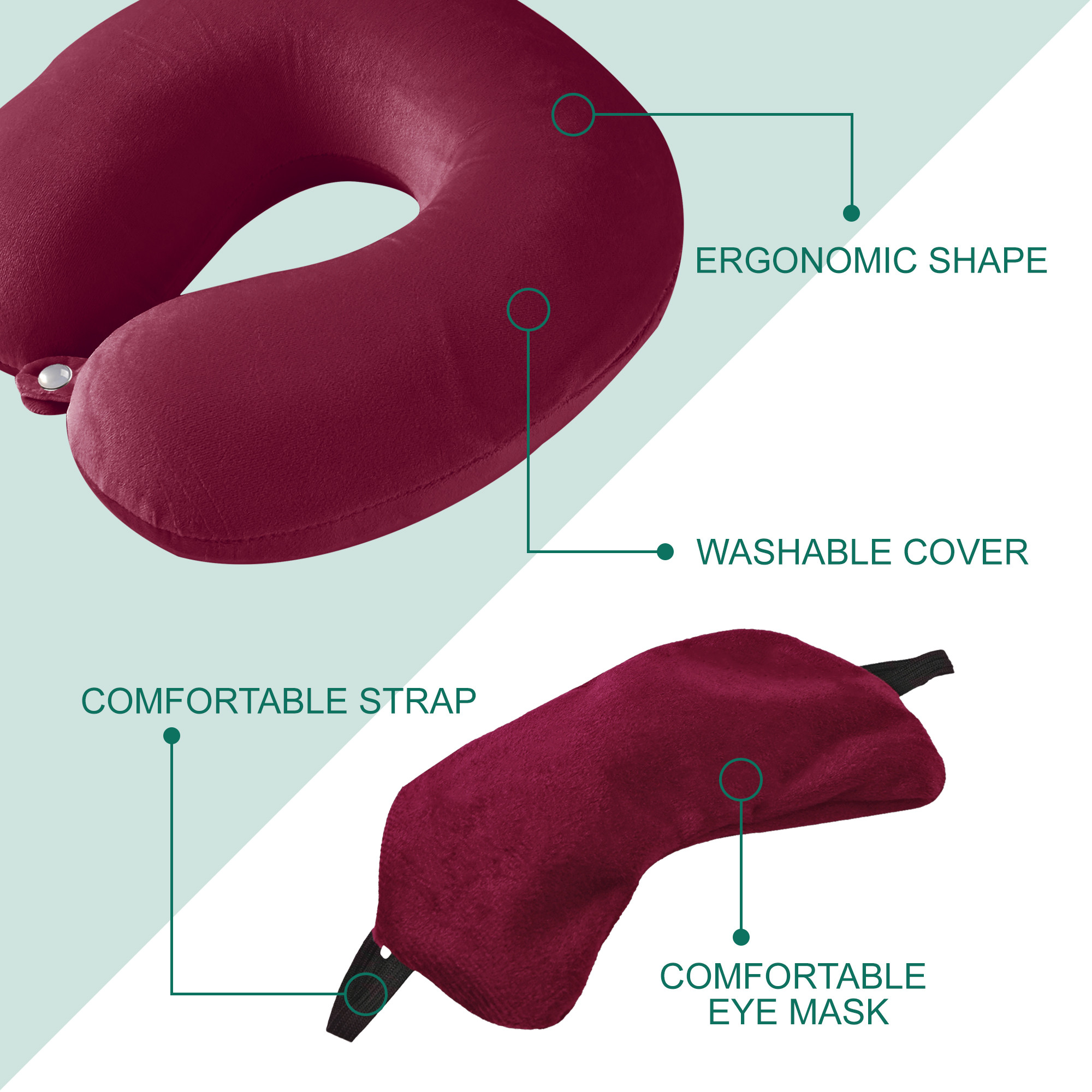 Kuber Industries 2 in 1 Combo Microfiber Travel Neck Pillow for Men  Women with Eye Mask  U-Shaped Neckrest for Travelling  Neck Pillow for Flight Travel Car  Train  Maroon