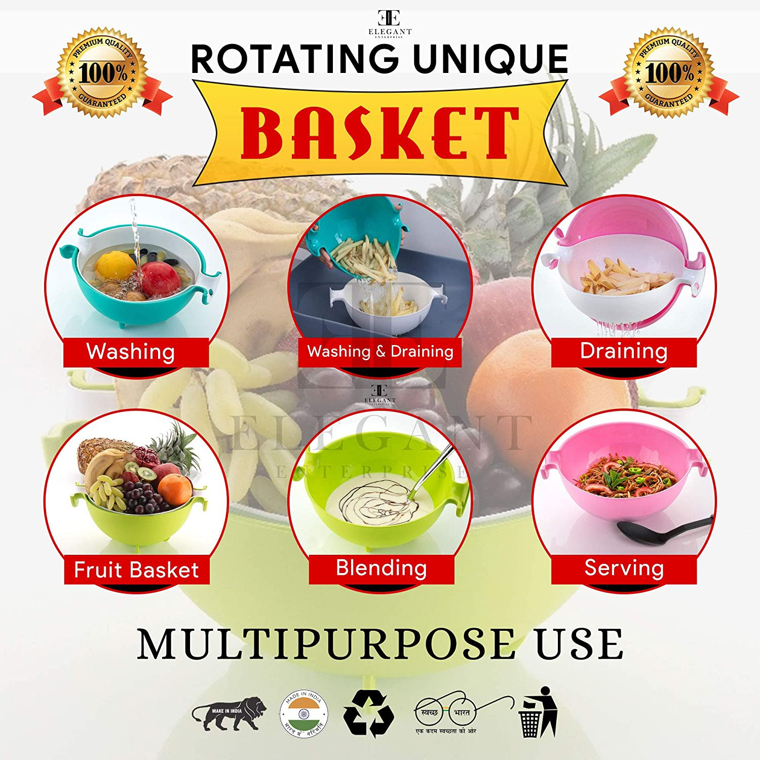 Kuber Industries 2-in-1 kitchen Strainer/Colander & Bowl Sets, Large Plastic Washing Bowl and Strainer, Detachable Colanders Strainers Set, Space-Saver, for Fruits Vegetable Cleaning Washing Mixing, Green-KUBMRT11747