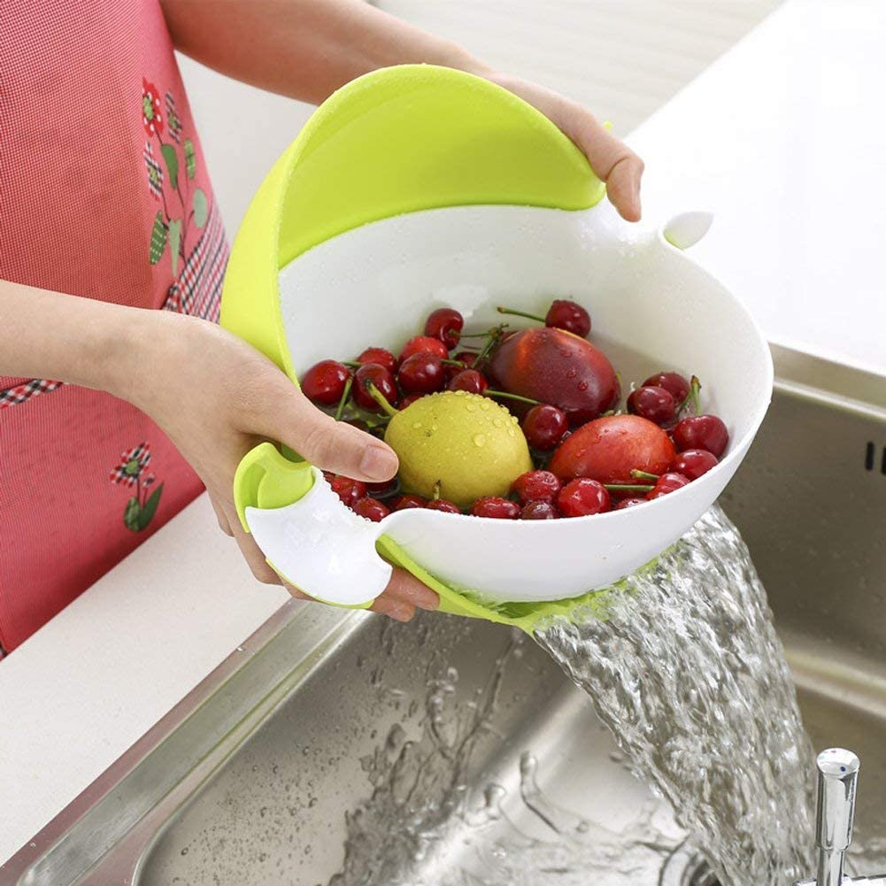 Kuber Industries 2-in-1 kitchen Strainer/Colander & Bowl Sets, Large Plastic Washing Bowl and Strainer, Detachable Colanders Strainers Set, Space-Saver, for Fruits Vegetable Cleaning Washing Mixing, Green-KUBMRT11747