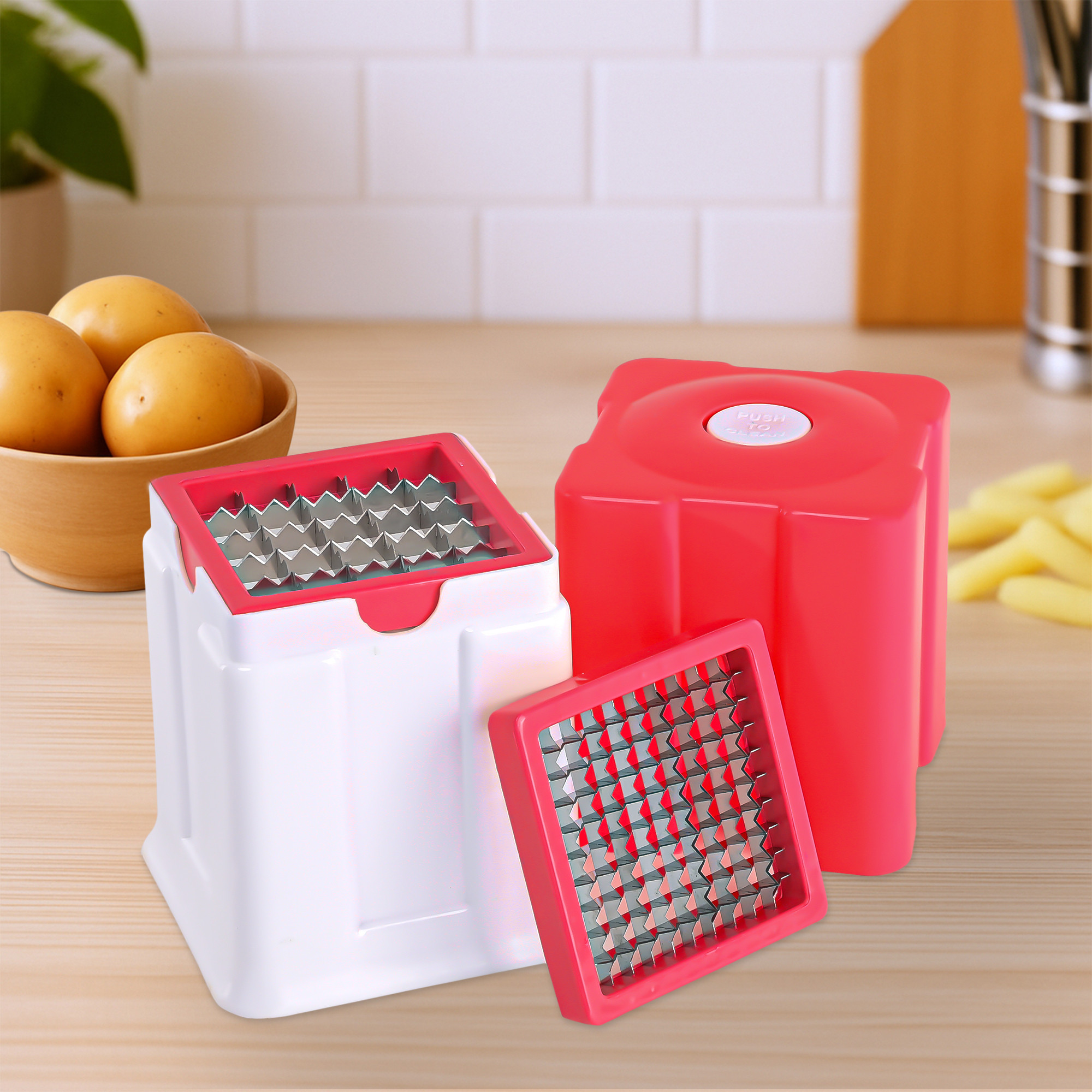 Kuber Industries 2 In 1 Manual Plastic Vegetable Chopper for Kitchen Use with Push-To-Clean Feature  Adjustable Onion  Potato Cutter  Finger Chips Cutter Machine  Assorted