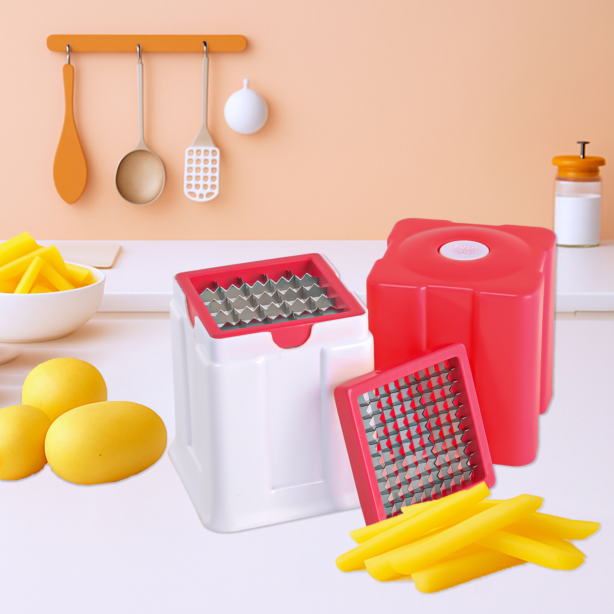 Kuber Industries 2 In 1 Manual Plastic Vegetable Chopper for Kitchen Use with Push-To-Clean Feature  Adjustable Onion  Potato Cutter  Finger Chips Cutter Machine  Assorted