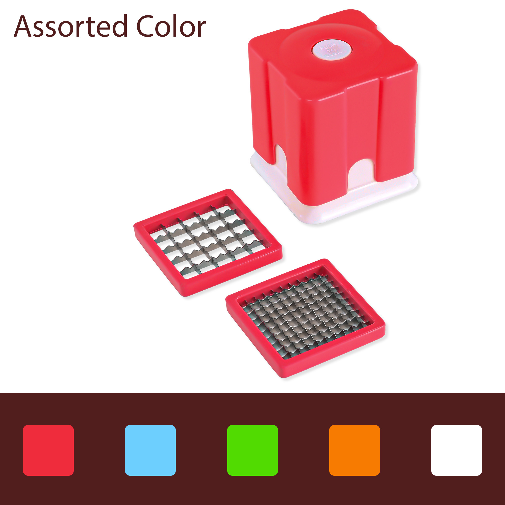Kuber Industries 2 In 1 Manual Plastic Vegetable Chopper for Kitchen Use with Push-To-Clean Feature  Adjustable Onion  Potato Cutter  Finger Chips Cutter Machine  Assorted