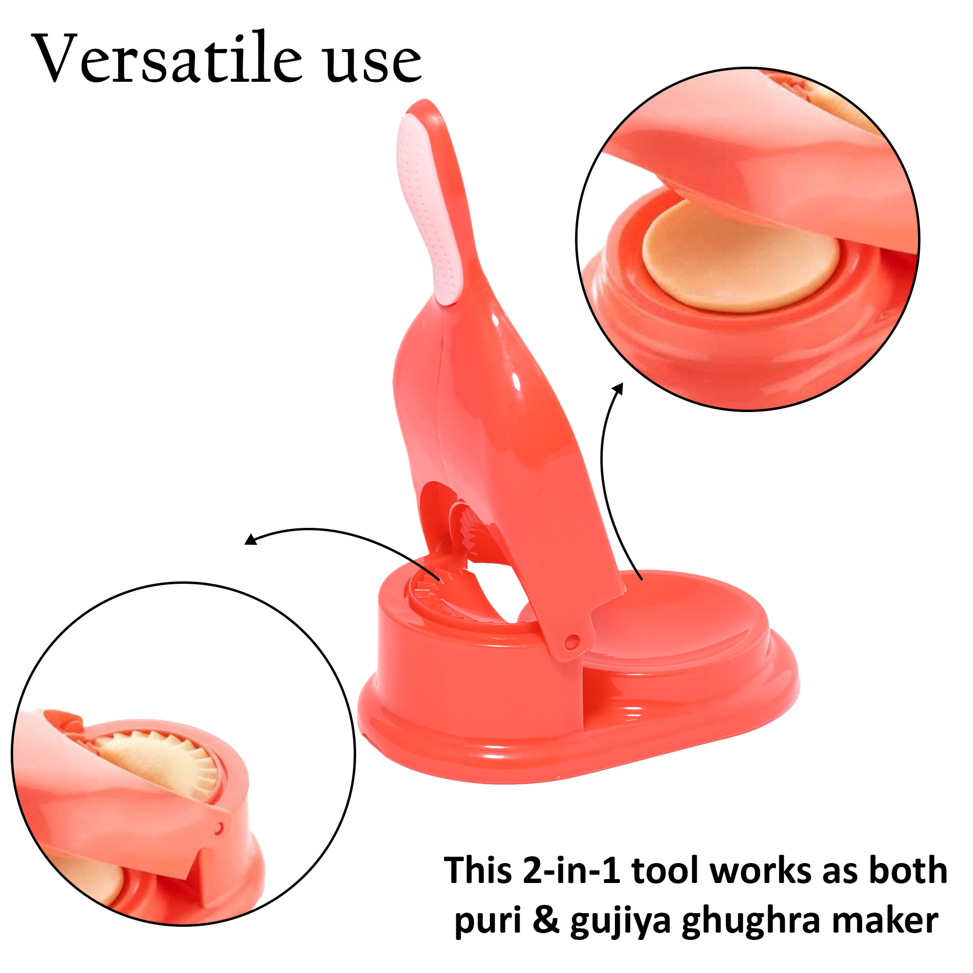 Kuber Industries 2 in 1 Momo  Gujiya Ghughra Dumbling Pressing Machine  Plastic Kolukattai Maker Mould for Kitchen  Puri kolukattai karjikai  Kadabu Maker Mold  Red