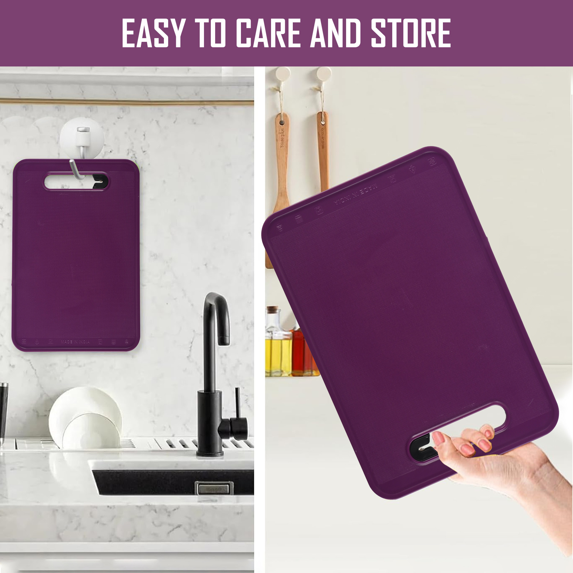 Kuber Industries 2-in 1 Plastic Chopping Board for Kitchen with Knife Shapener  Durable Vegetable Cutting Board with Grip Handle  Fruits  Vegetable Cutting Pad for Kitchen  Plain Purple