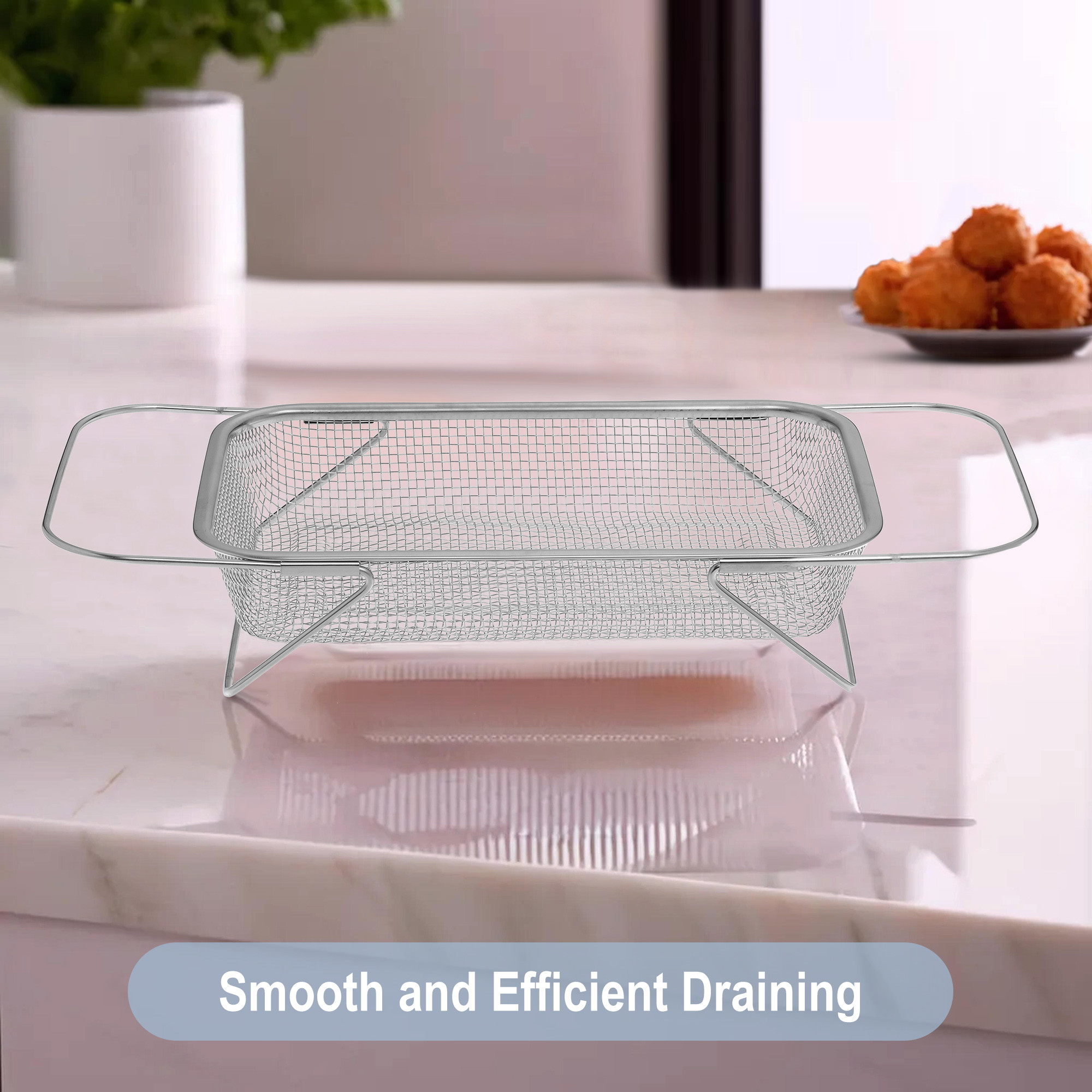 Kuber Industries 2-in-One Stainless Steel Fruit basket for Dining Table  Deep Fryer Basket  Cooking Mesh Strainer With Stand and Handle