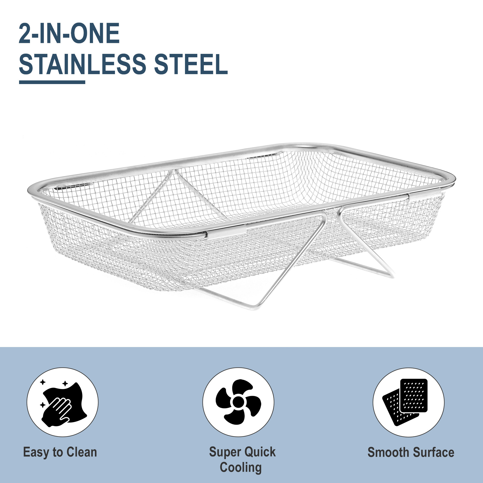 Kuber Industries 2-in-One Stainless Steel Fruit basket for Dining Table  Deep Fryer Basket  Cooking Mesh Strainer With Stand and Handle