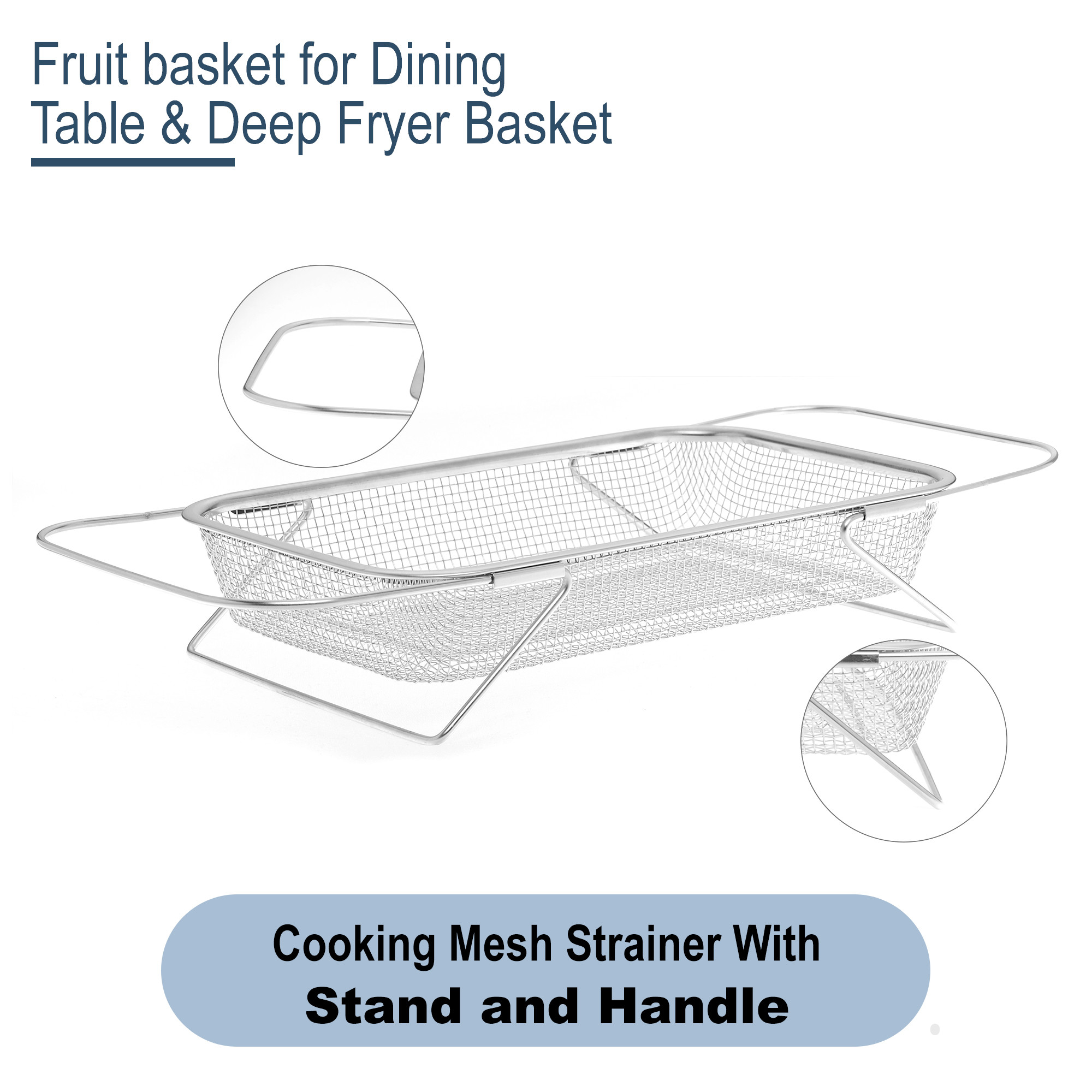Kuber Industries 2-in-One Stainless Steel Fruit basket for Dining Table  Deep Fryer Basket  Cooking Mesh Strainer With Stand and Handle