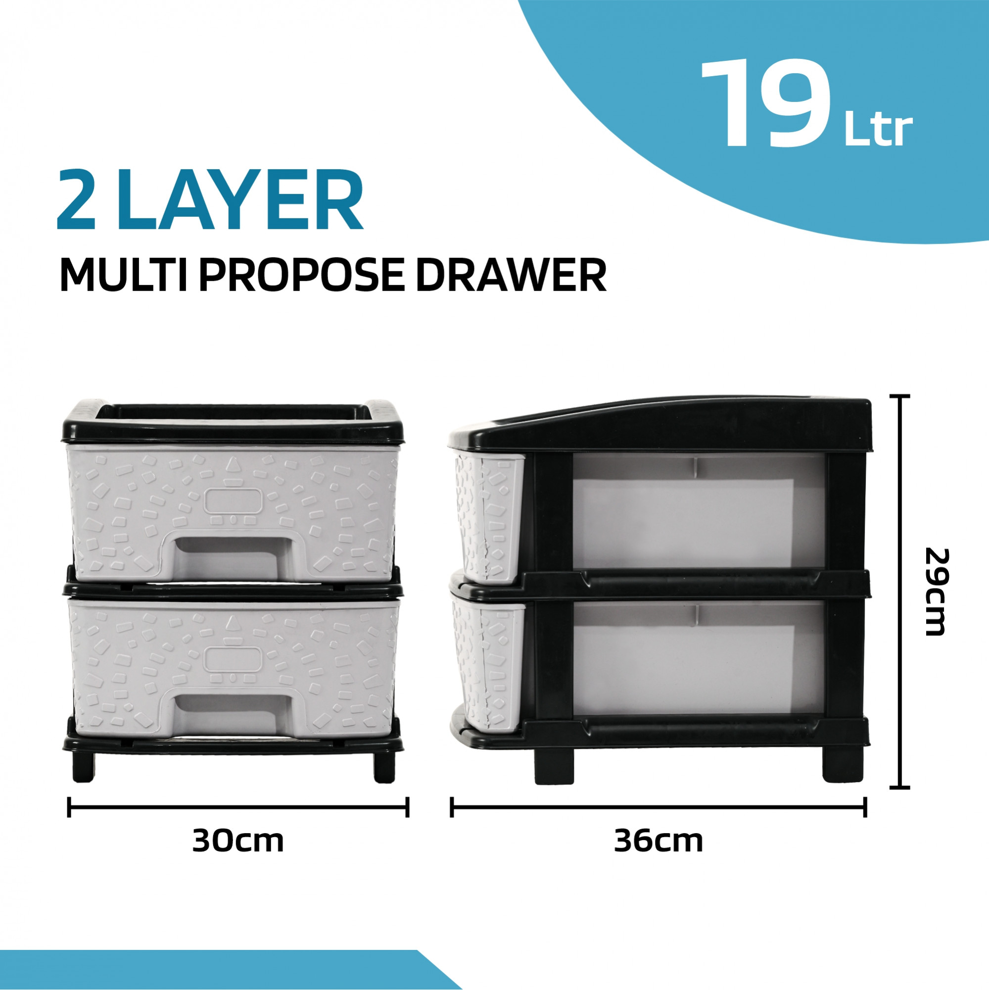 Kuber Industries 2-Layer  19 Ltr Plastic Drawer Storage Organiser  Modular Kitchen  Toy Organizer For Kids Room  Black  Grey