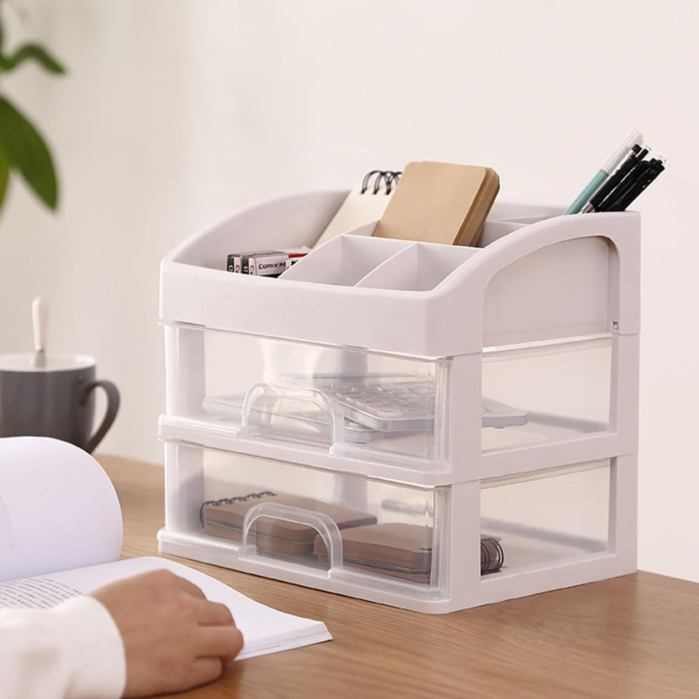 Kuber Industries 2 Layer Cabinet Drawer Box|Desktop Storage Box|Multi Drawer Storage Organizer| White