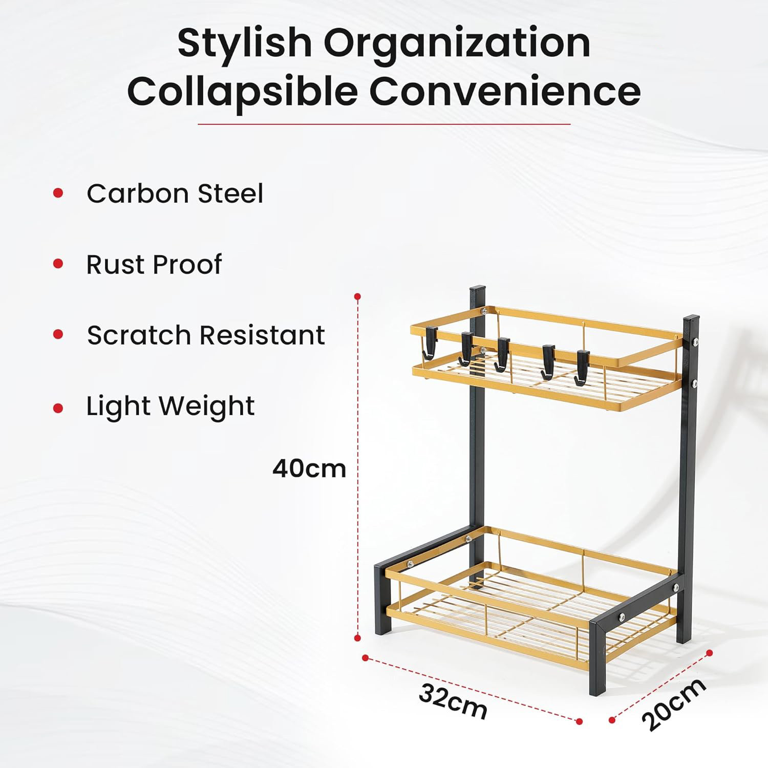 Kuber Industries 2-Layer Dish Drying Rack|Storage Rack for Kitchen Counter|Drainboard & Cutting Board Holder|Premium Utensils Basket (Black & Gold)