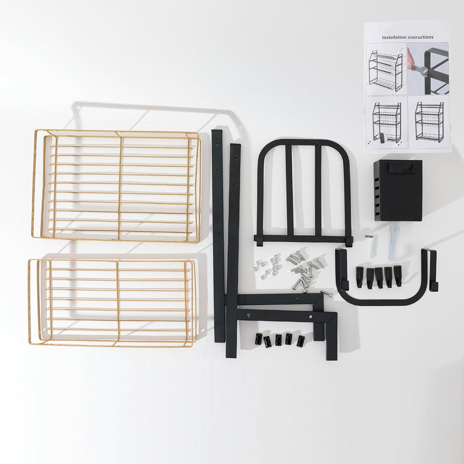Kuber Industries 2-Layer Dish Drying Rack|Storage Rack for Kitchen Counter|Drainboard & Cutting Board Holder|Premium Utensils Basket (Gold & Black)