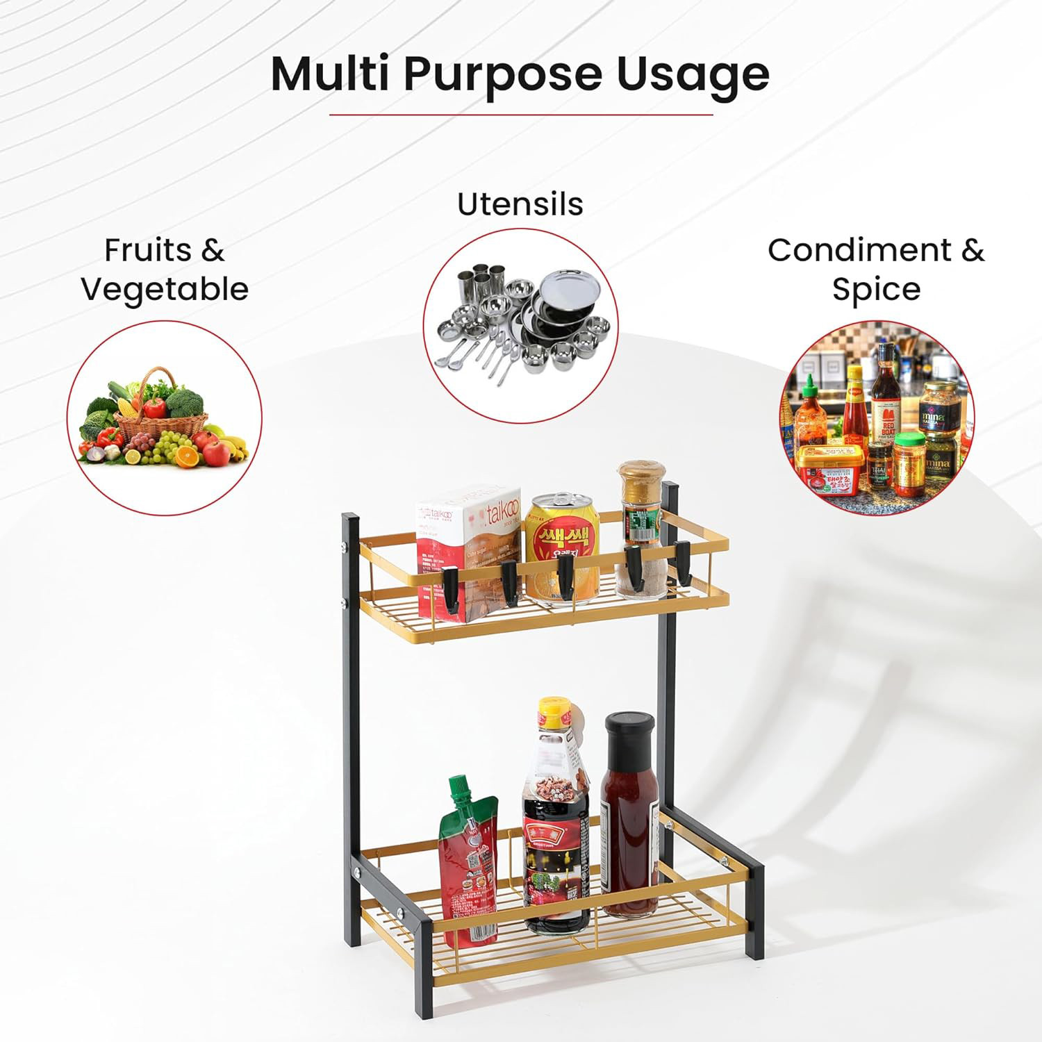 Kuber Industries 2-Layer Dish Drying Rack|Storage Rack for Kitchen Counter|Drainboard & Cutting Board Holder|Premium Utensils Basket (Gold & Black)