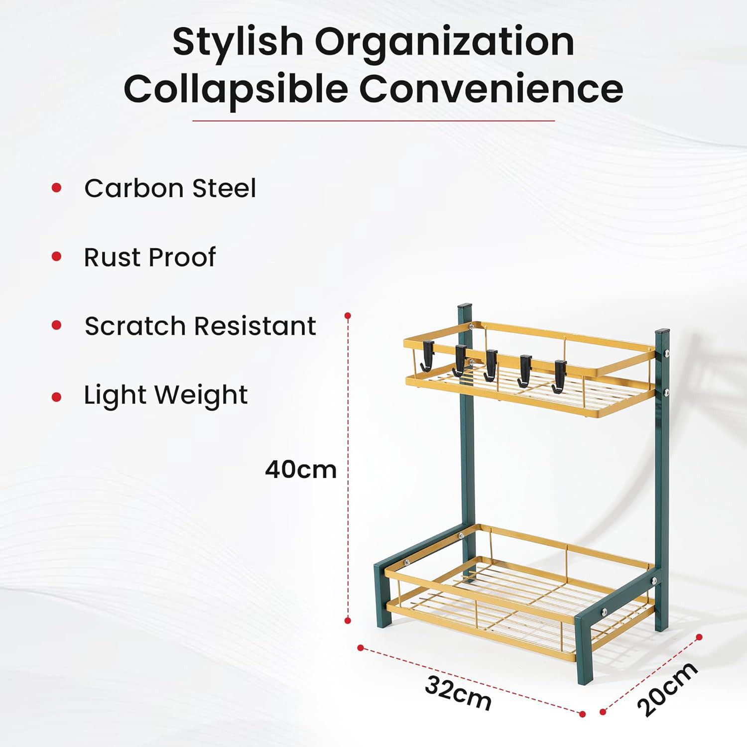 Kuber Industries 2-Layer Dish Drying Rack|Storage Rack for Kitchen Counter|Drainboard & Cutting Board Holder|Premium Utensils Basket (Green & Gold)