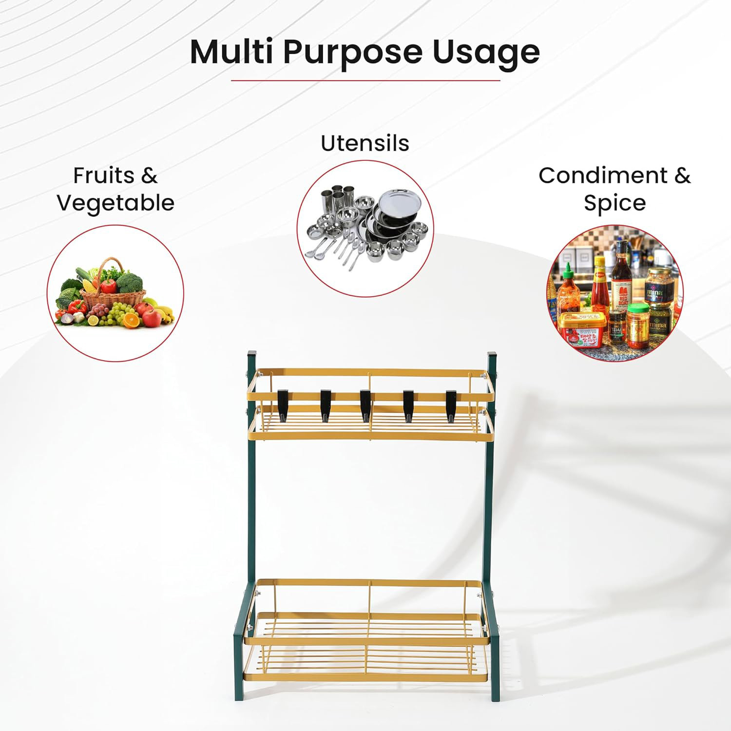 Kuber Industries 2-Layer Dish Drying Rack|Storage Rack for Kitchen Counter|Drainboard & Cutting Board Holder|Premium Utensils Basket (Green & Gold)