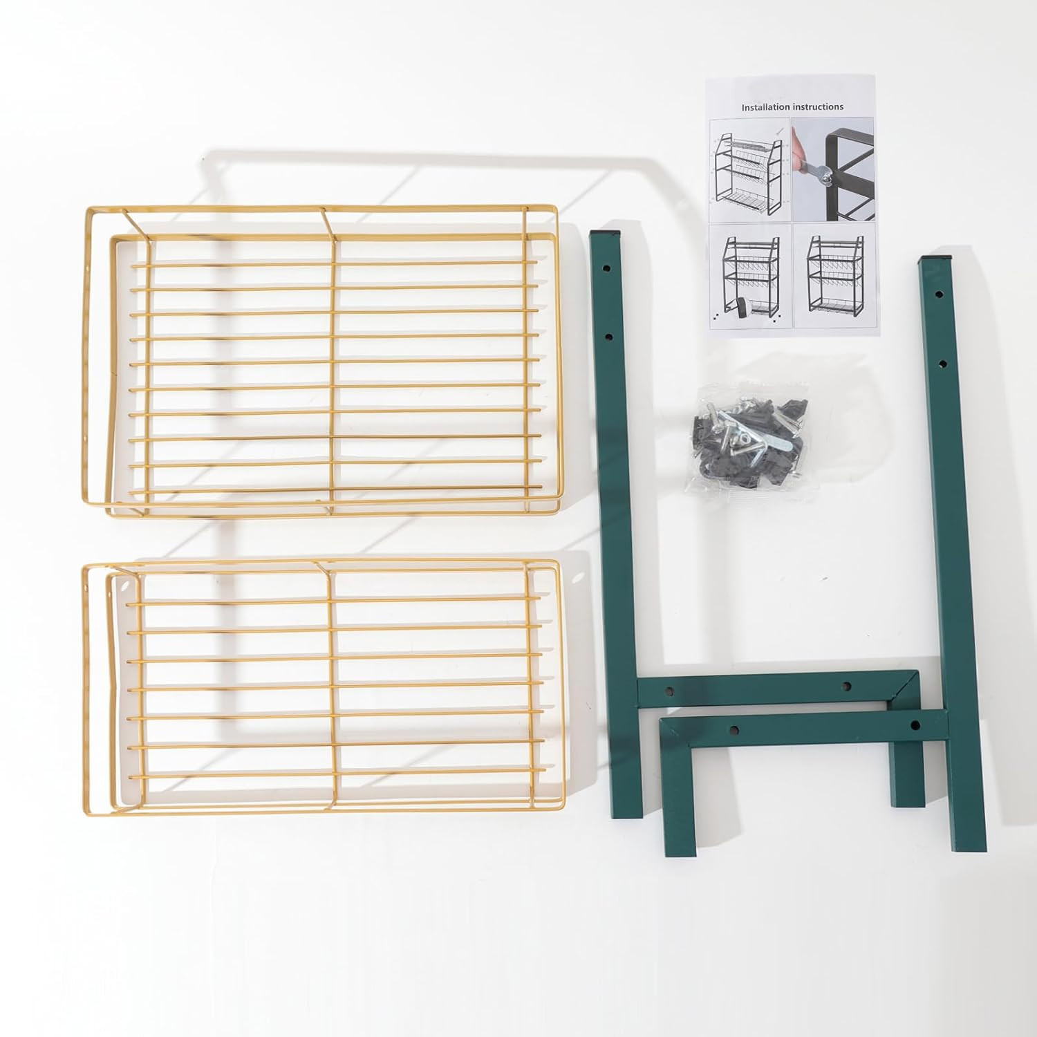 Kuber Industries 2-Layer Dish Drying Rack|Storage Rack for Kitchen Counter|Drainboard & Cutting Board Holder|Premium Utensils Basket (Green & Gold)
