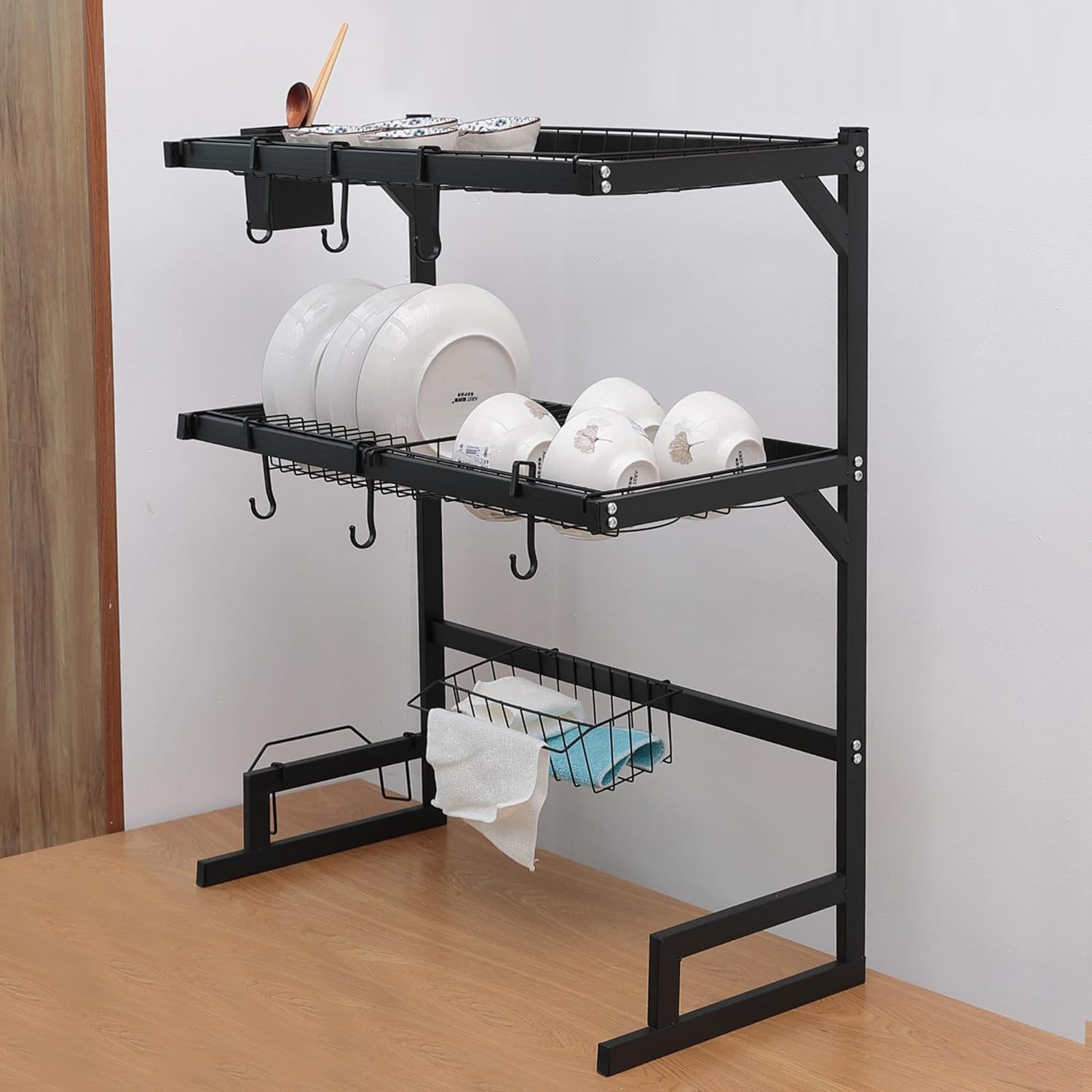 Kuber Industries 2-Layer Dish Drying Rack|Storage Rack for Kitchen Counter|Drainboard & Cutting Board Holder|Premium Utensils Basket (Black)