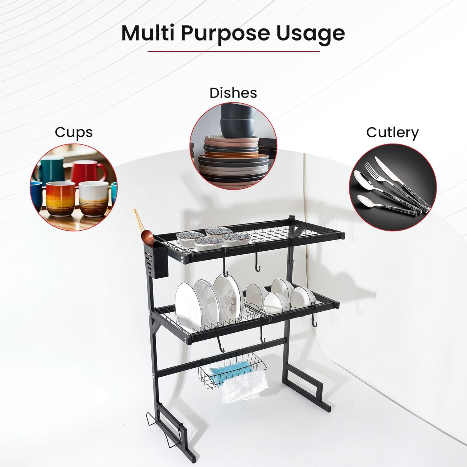 Kuber Industries 2-Layer Dish Drying Rack|Storage Rack for Kitchen Counter|Drainboard & Cutting Board Holder|Premium Utensils Basket (Black)