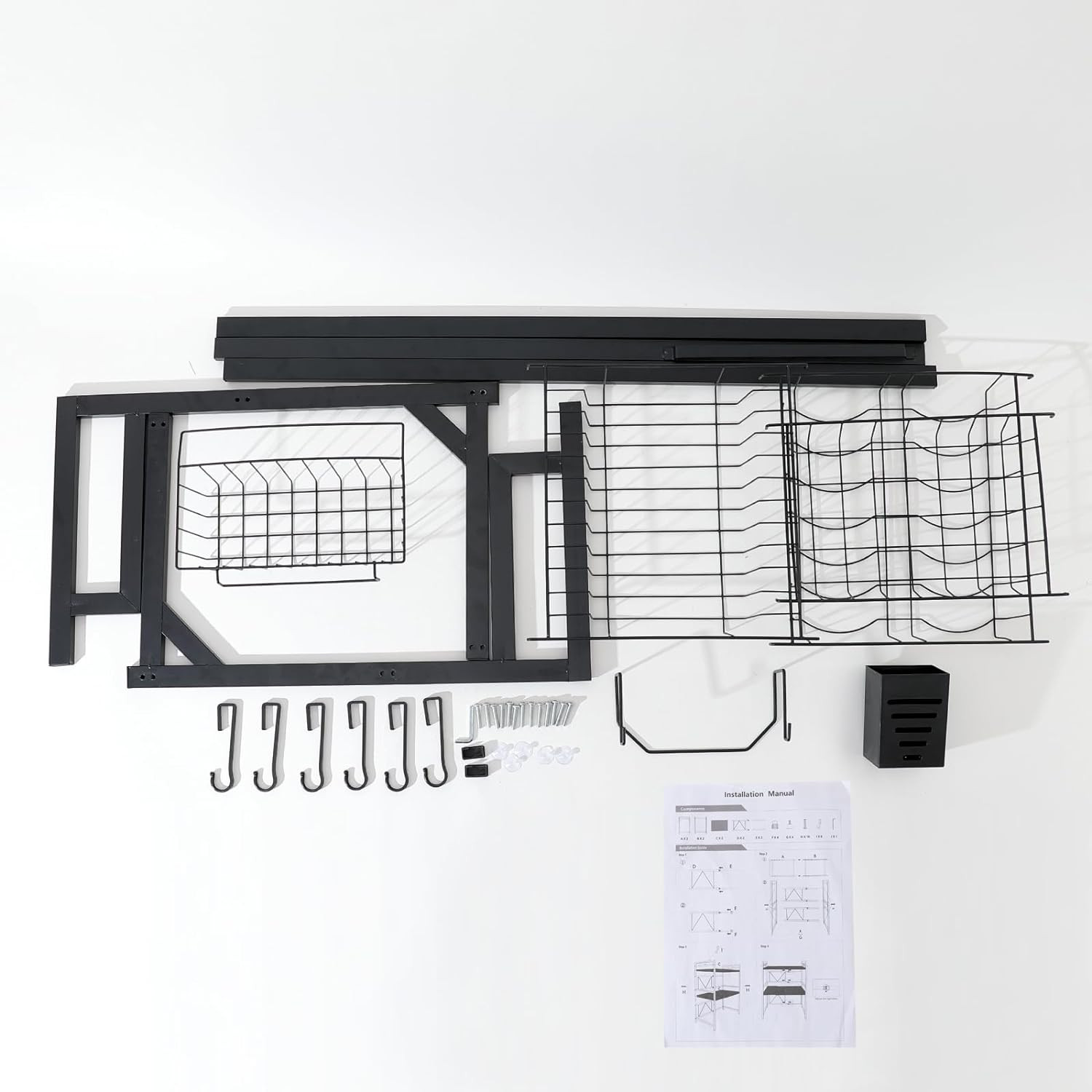 Kuber Industries 2-Layer Dish Drying Rack|Storage Rack for Kitchen Counter|Drainboard & Cutting Board Holder|Premium Utensils Basket (Black)