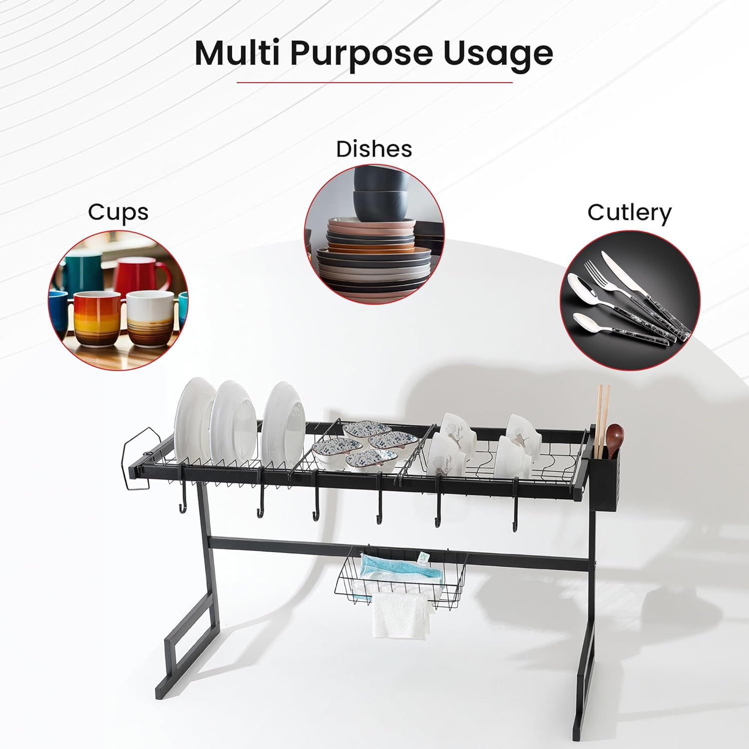 Kuber Industries 2-Layer Dish Drying Rack|Storage Rack for Kitchen Counter|Drainboard & Cutting Board Holder|Premium Utensils Basket (Black)