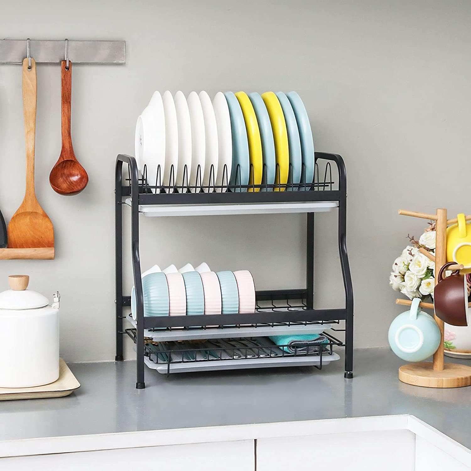 Kuber Industries 2-Layer Dish Drying Rack|Storage Rack for Kitchen Counter|Drainboard & Cutting Board Holder|Premium Utensils Basket (Black)
