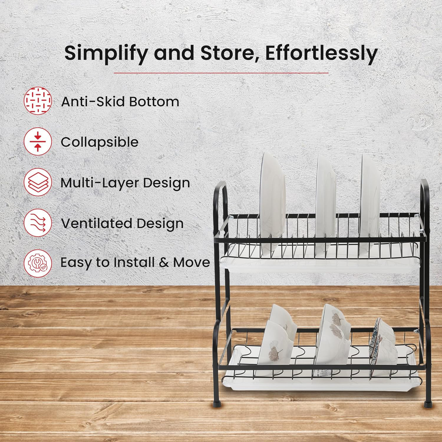 Kuber Industries 2-Layer Dish Drying Rack|Storage Rack for Kitchen Counter|Drainboard & Cutting Board Holder|Premium Utensils Basket (Black)