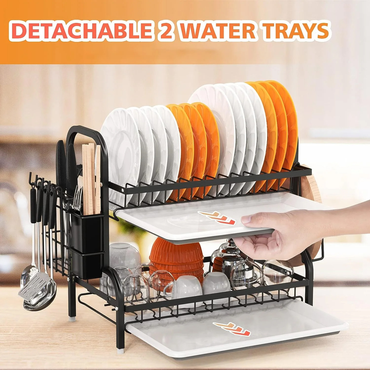 Kuber Industries 2-Layer Dish Drying Rack|Storage Rack for Kitchen Counter|Drainboard & Cutting Board Holder|Premium Utensils Basket (Black)
